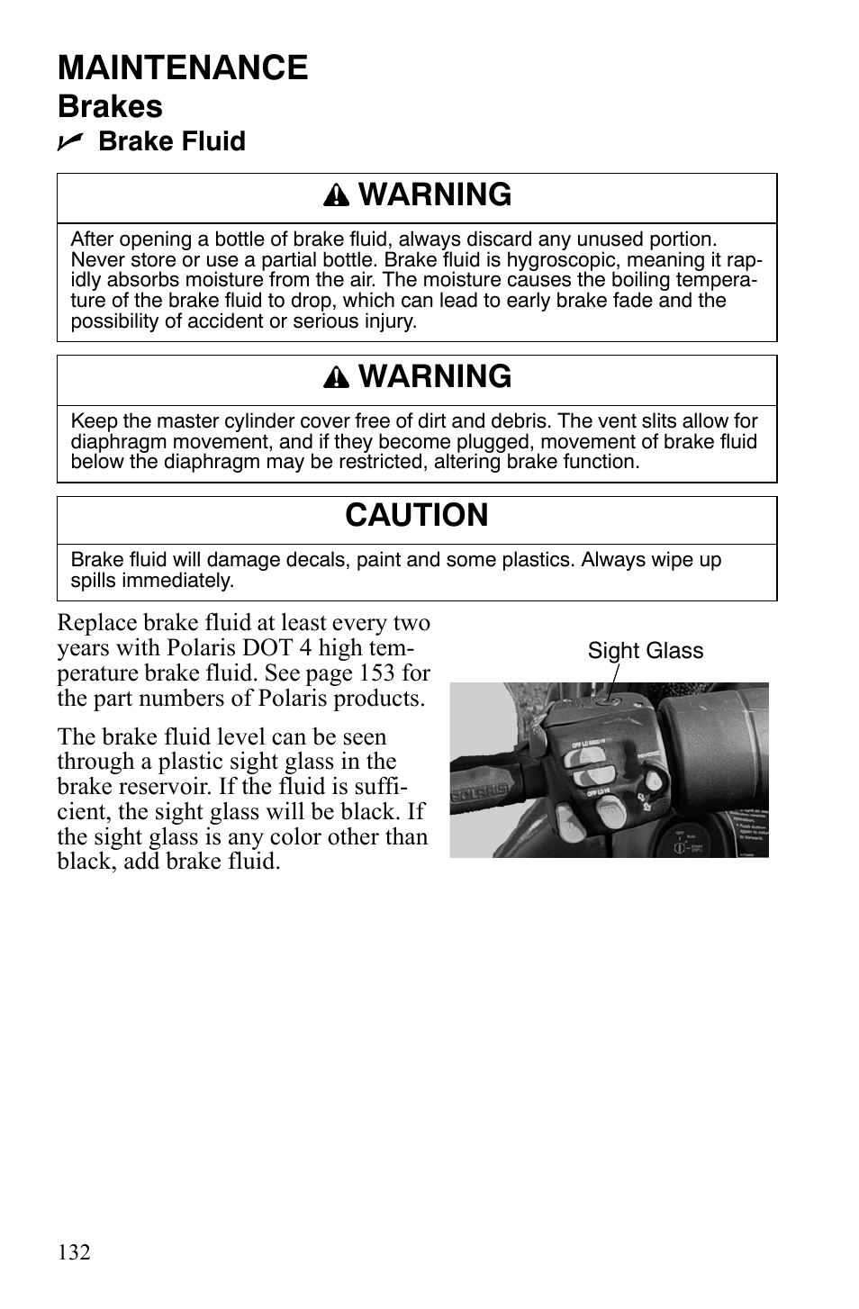 Maintenance, Brakes, Warning | Caution | Polaris FST IQ Touring User Manual | Page 135 / 179