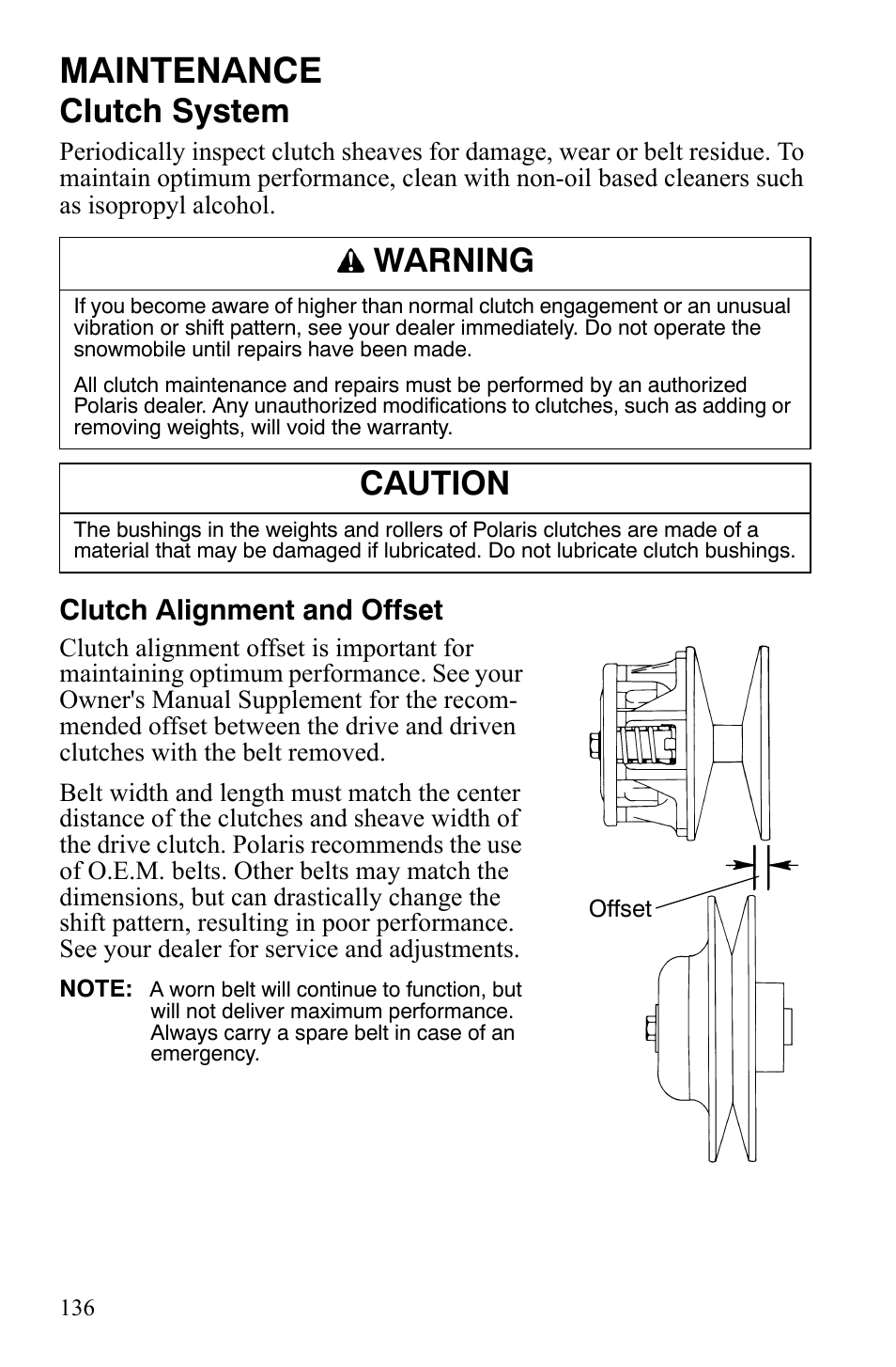 Maintenance, Clutch system, Warning | Caution, Clutch alignment and offset | Polaris FST IQ Touring User Manual | Page 139 / 179