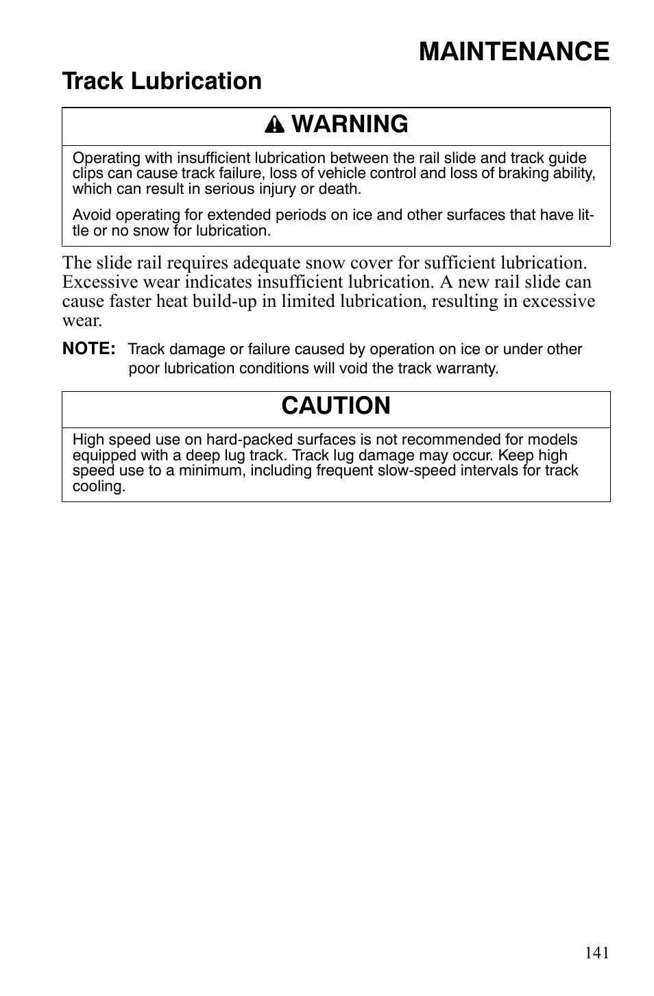Maintenance, Track lubrication, Warning | Caution | Polaris FST IQ Touring User Manual | Page 144 / 179