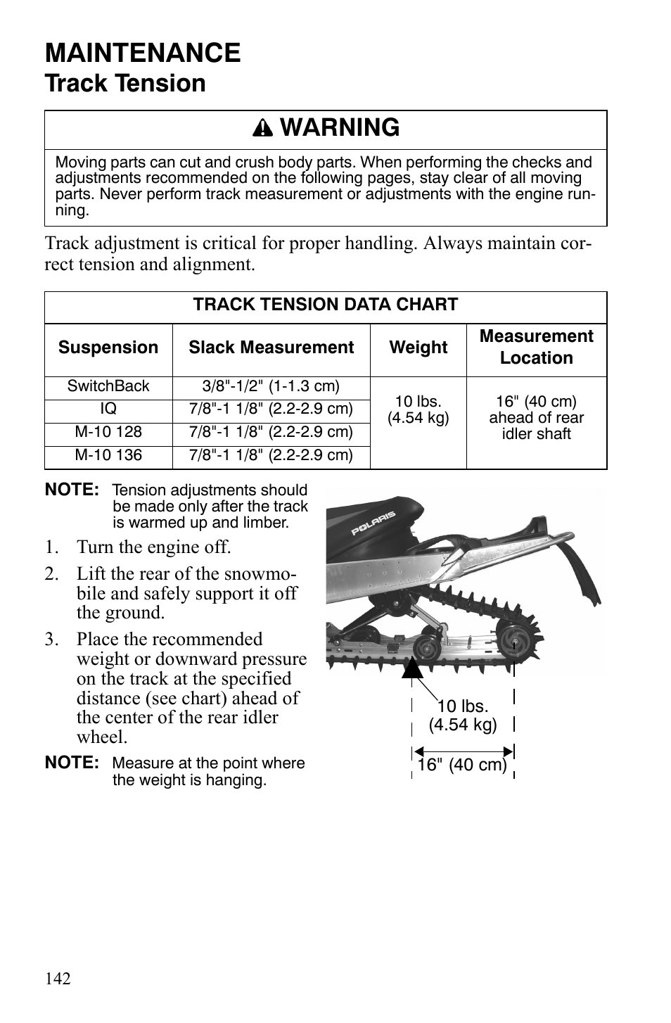 Maintenance, Track tension, Warning | Polaris FST IQ Touring User Manual | Page 145 / 179