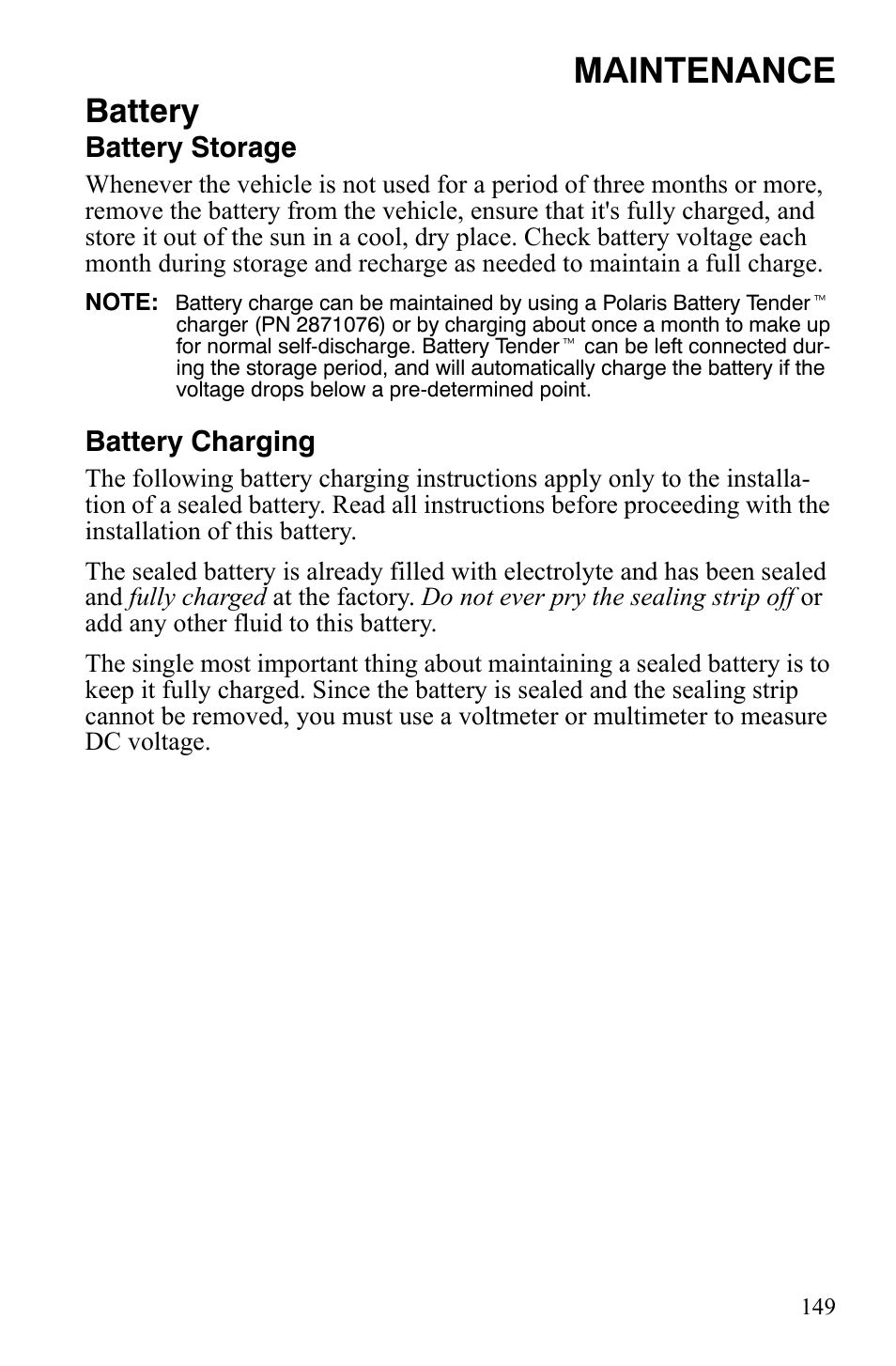 Maintenance, Battery | Polaris FST IQ Touring User Manual | Page 152 / 179