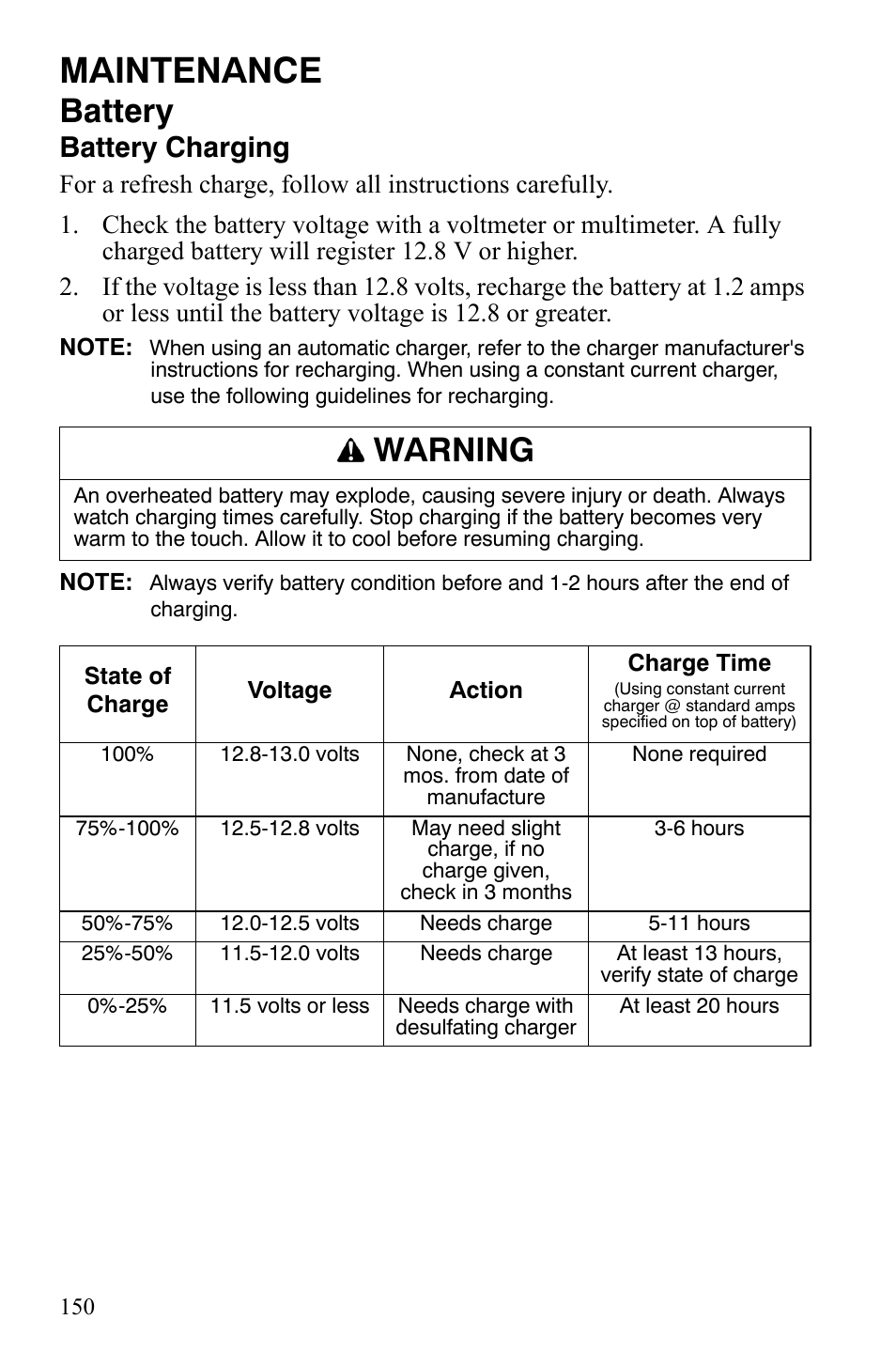 Maintenance, Battery, Warning | Battery charging | Polaris FST IQ Touring User Manual | Page 153 / 179