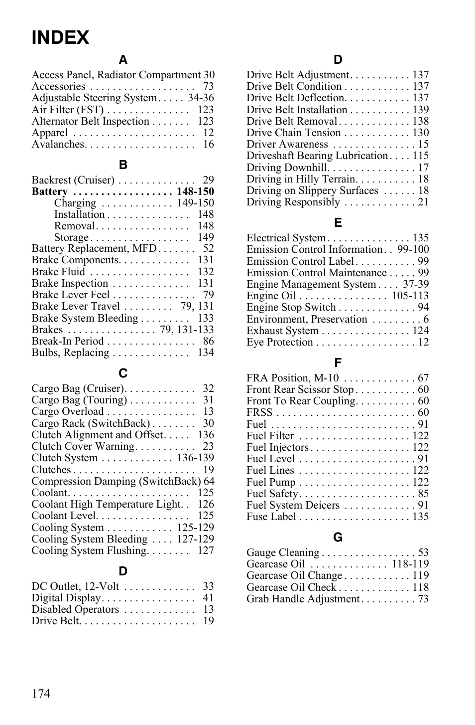 Index | Polaris FST IQ Touring User Manual | Page 177 / 179