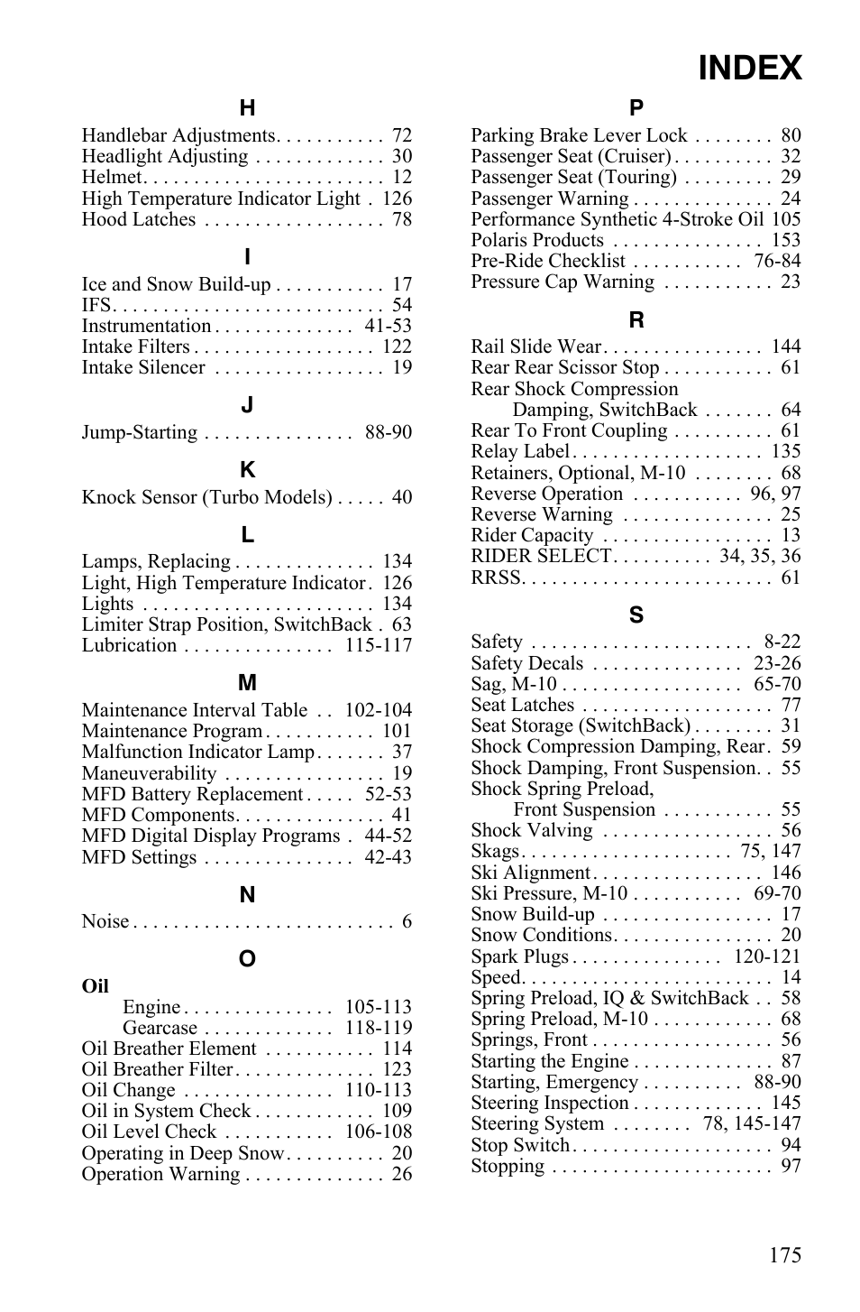 Index | Polaris FST IQ Touring User Manual | Page 178 / 179