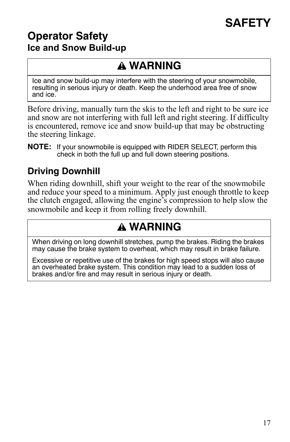 Safety, Operator safety, Warning | Polaris FST IQ Touring User Manual | Page 20 / 179