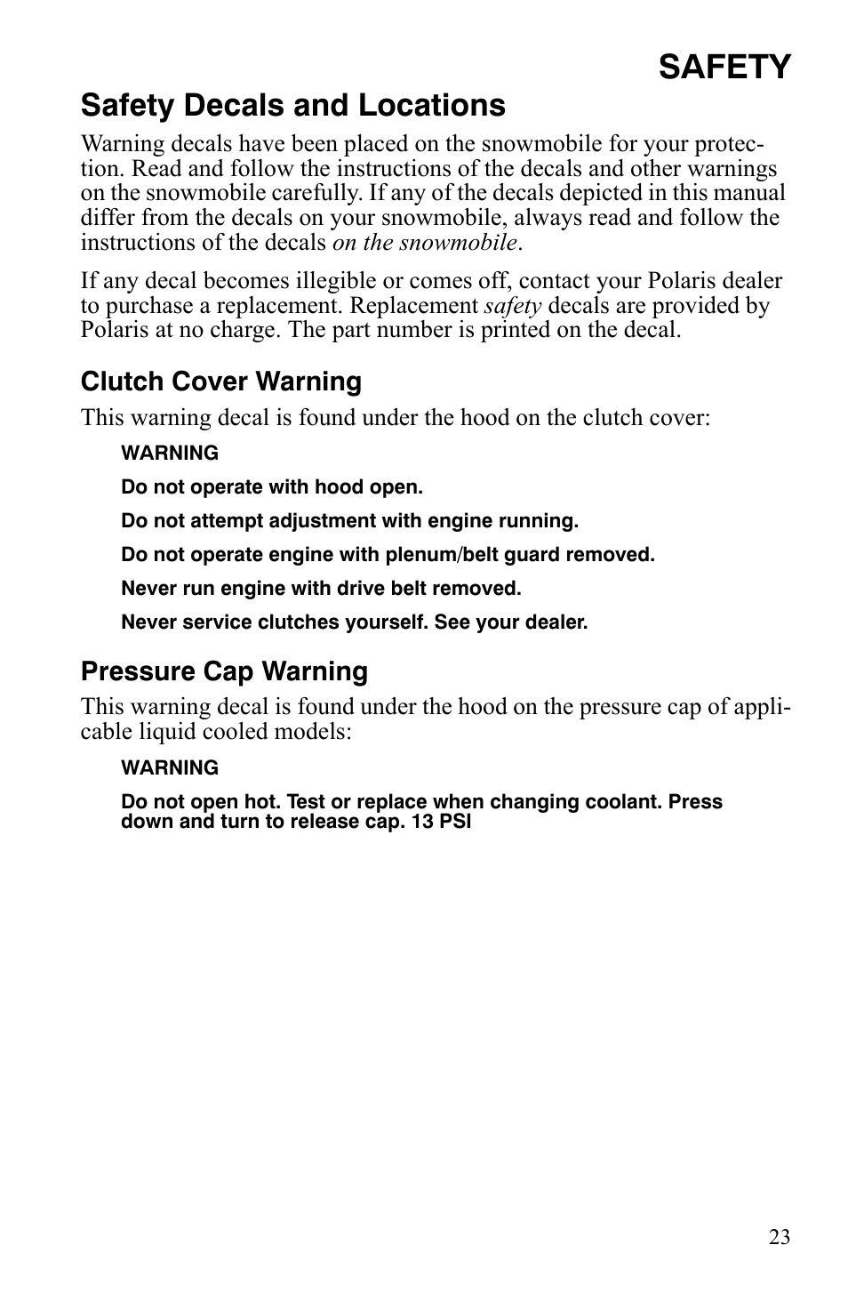Safety, Safety decals and locations | Polaris FST IQ Touring User Manual | Page 26 / 179