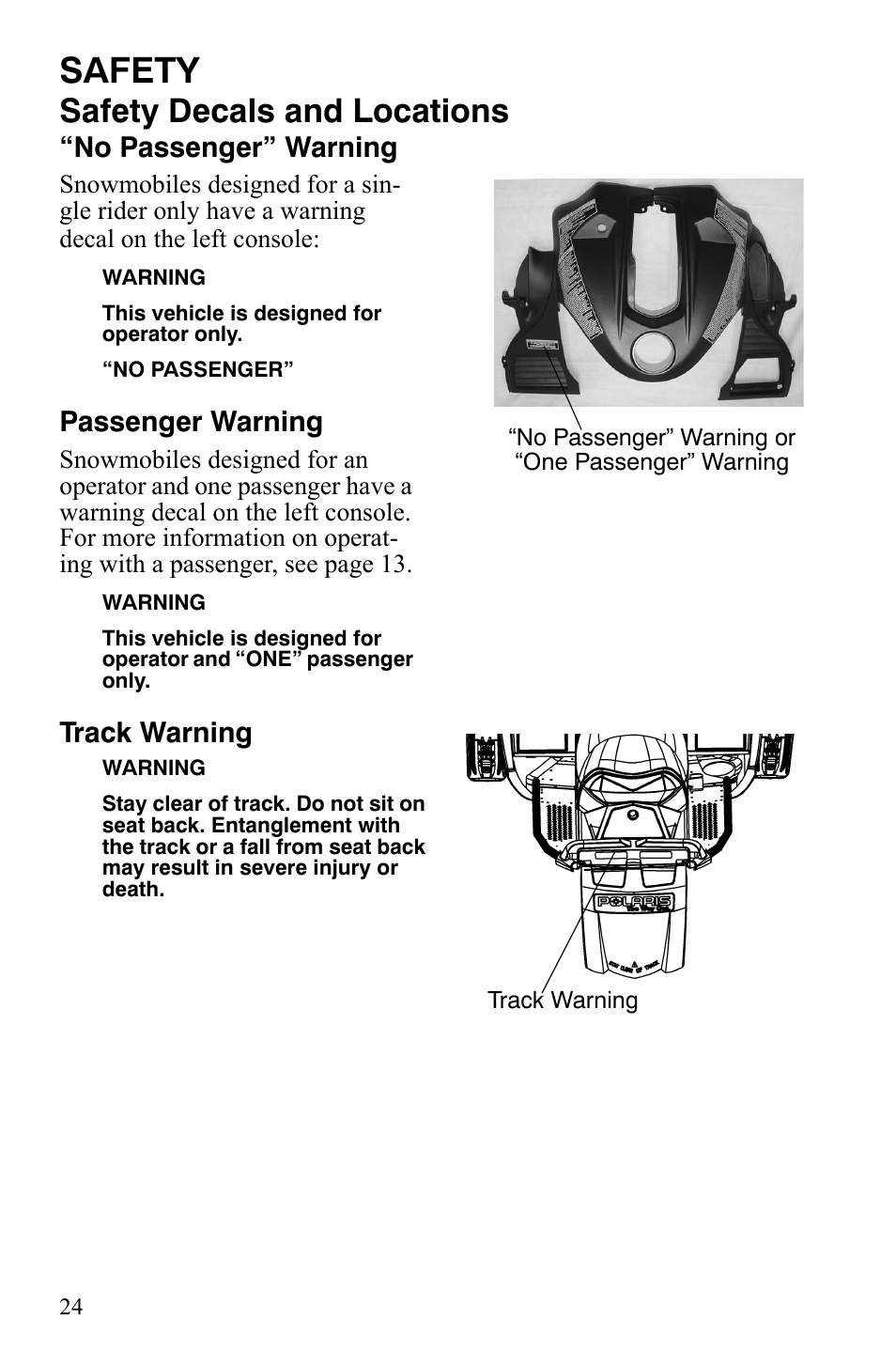 Safety, Safety decals and locations, No passenger” warning | Passenger warning, Track warning | Polaris FST IQ Touring User Manual | Page 27 / 179