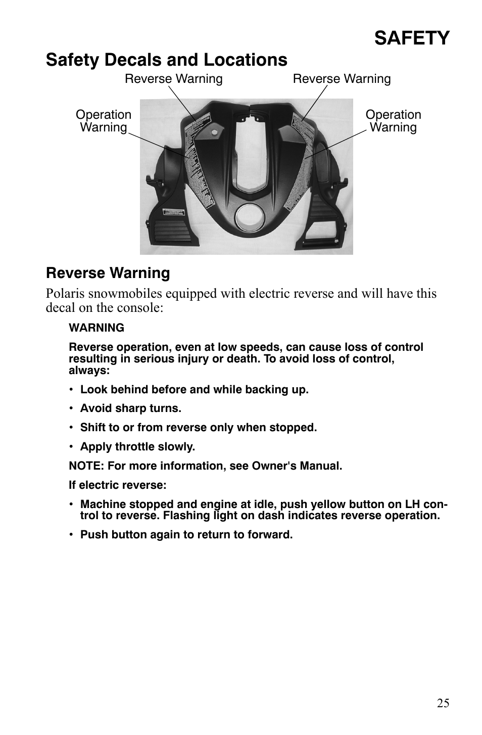 Safety, Safety decals and locations, Reverse warning | Polaris FST IQ Touring User Manual | Page 28 / 179