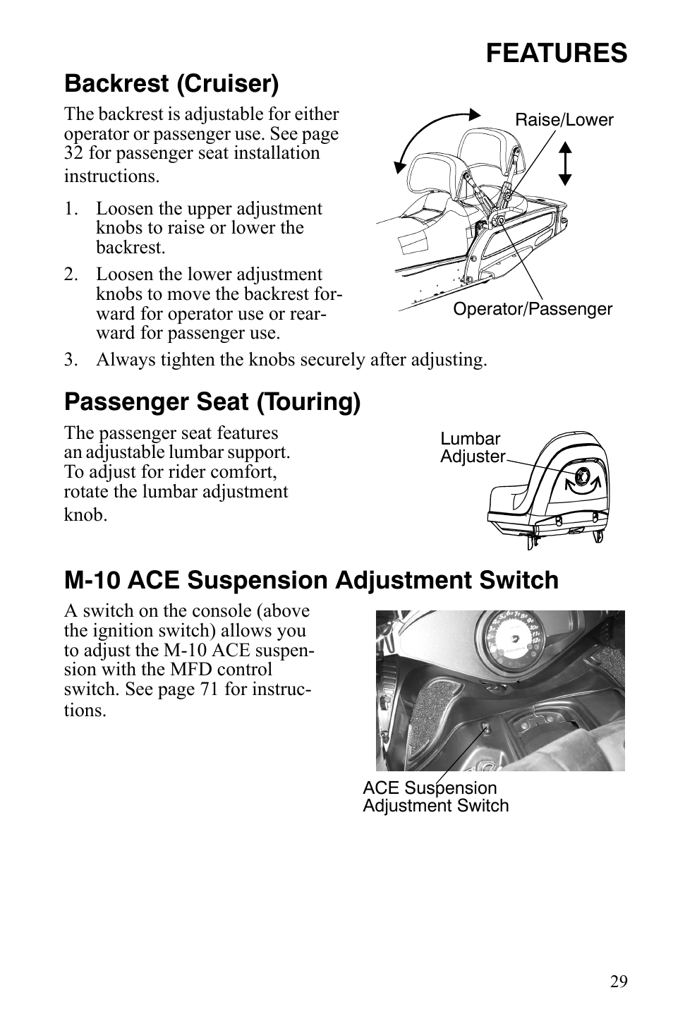 Features, Backrest (cruiser), Passenger seat (touring) | M-10 ace suspension adjustment switch | Polaris FST IQ Touring User Manual | Page 32 / 179