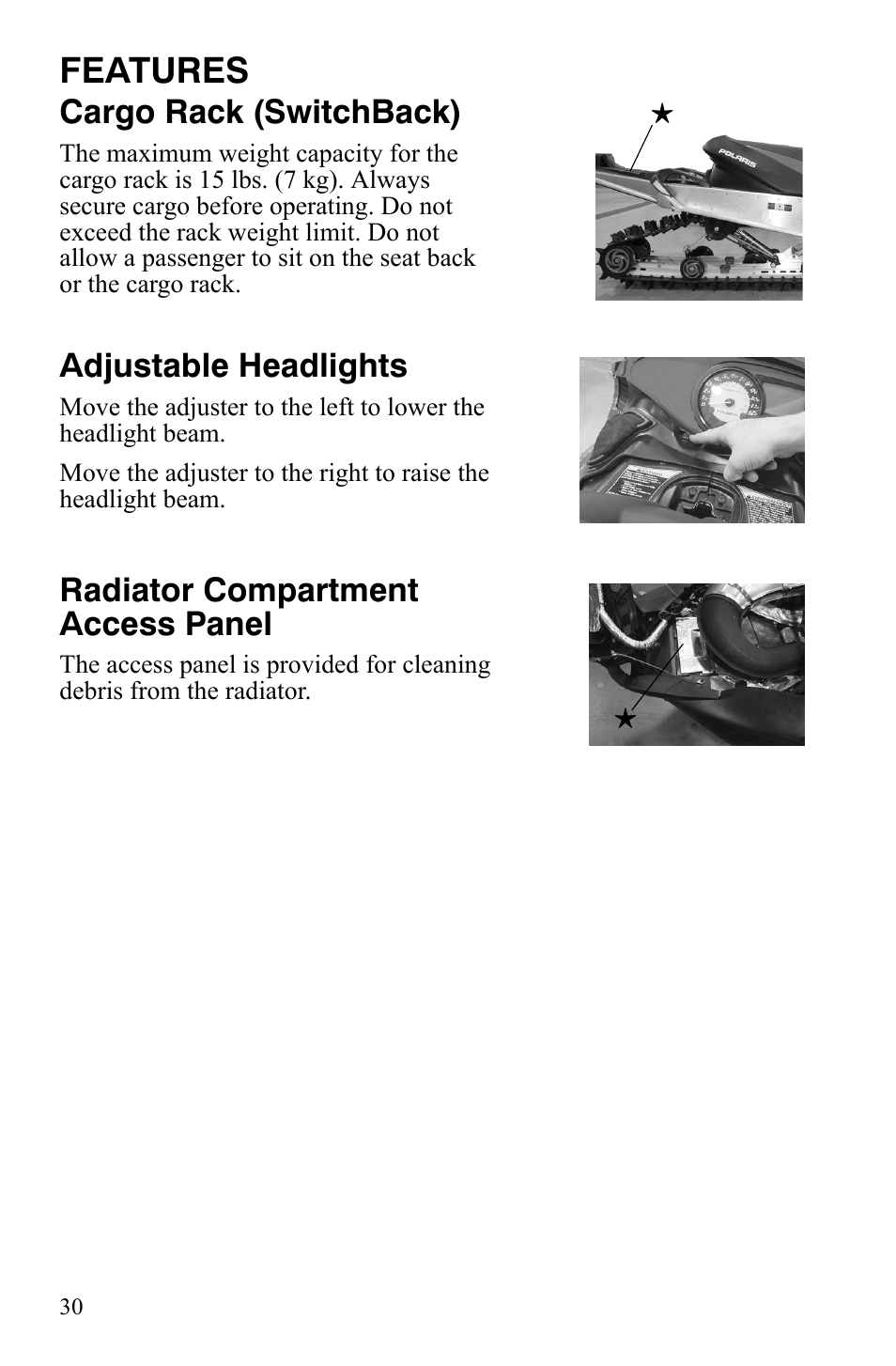 Features, Cargo rack (switchback), Adjustable headlights | Radiator compartment access panel | Polaris FST IQ Touring User Manual | Page 33 / 179