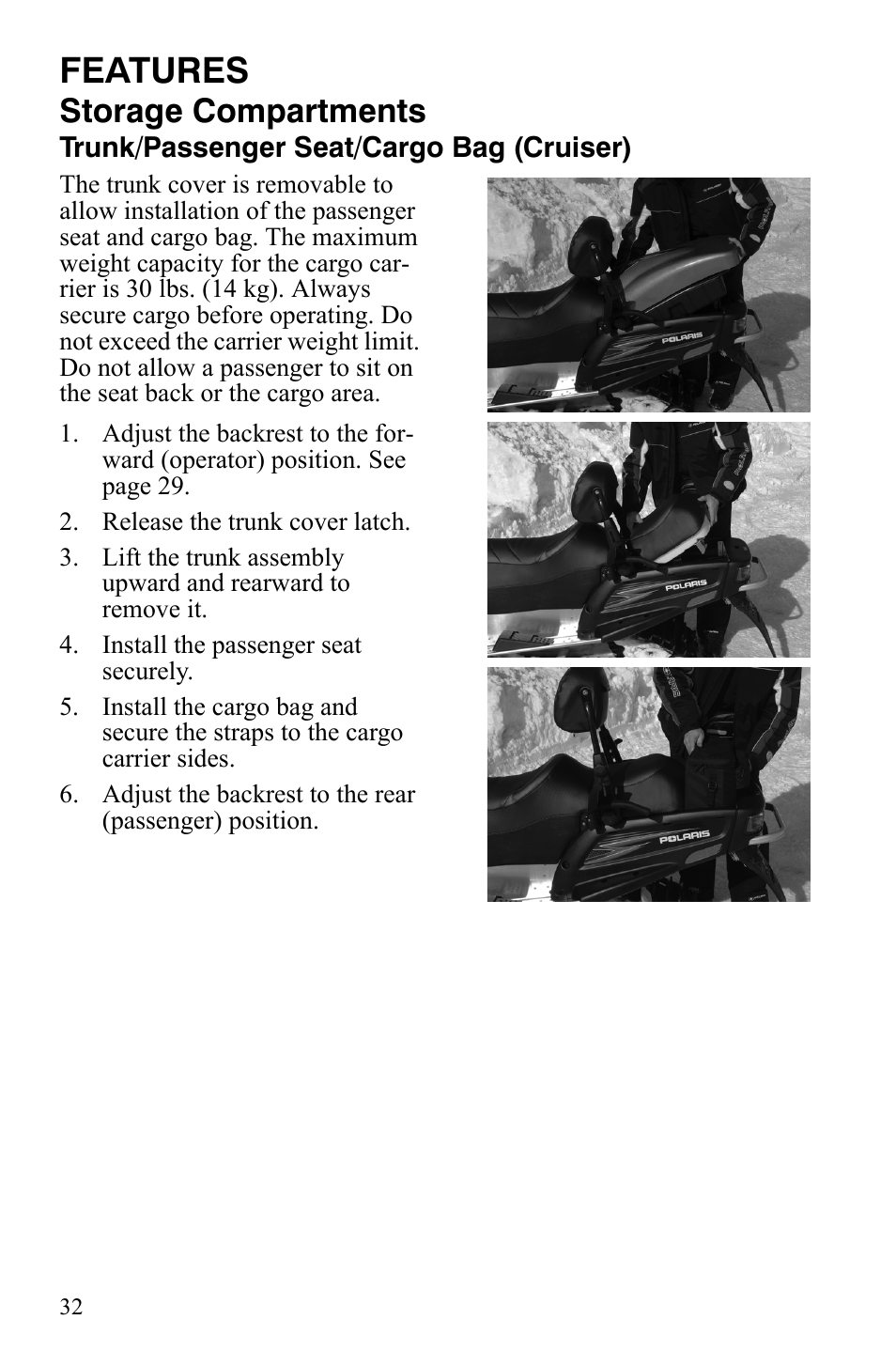 Features, Storage compartments | Polaris FST IQ Touring User Manual | Page 35 / 179