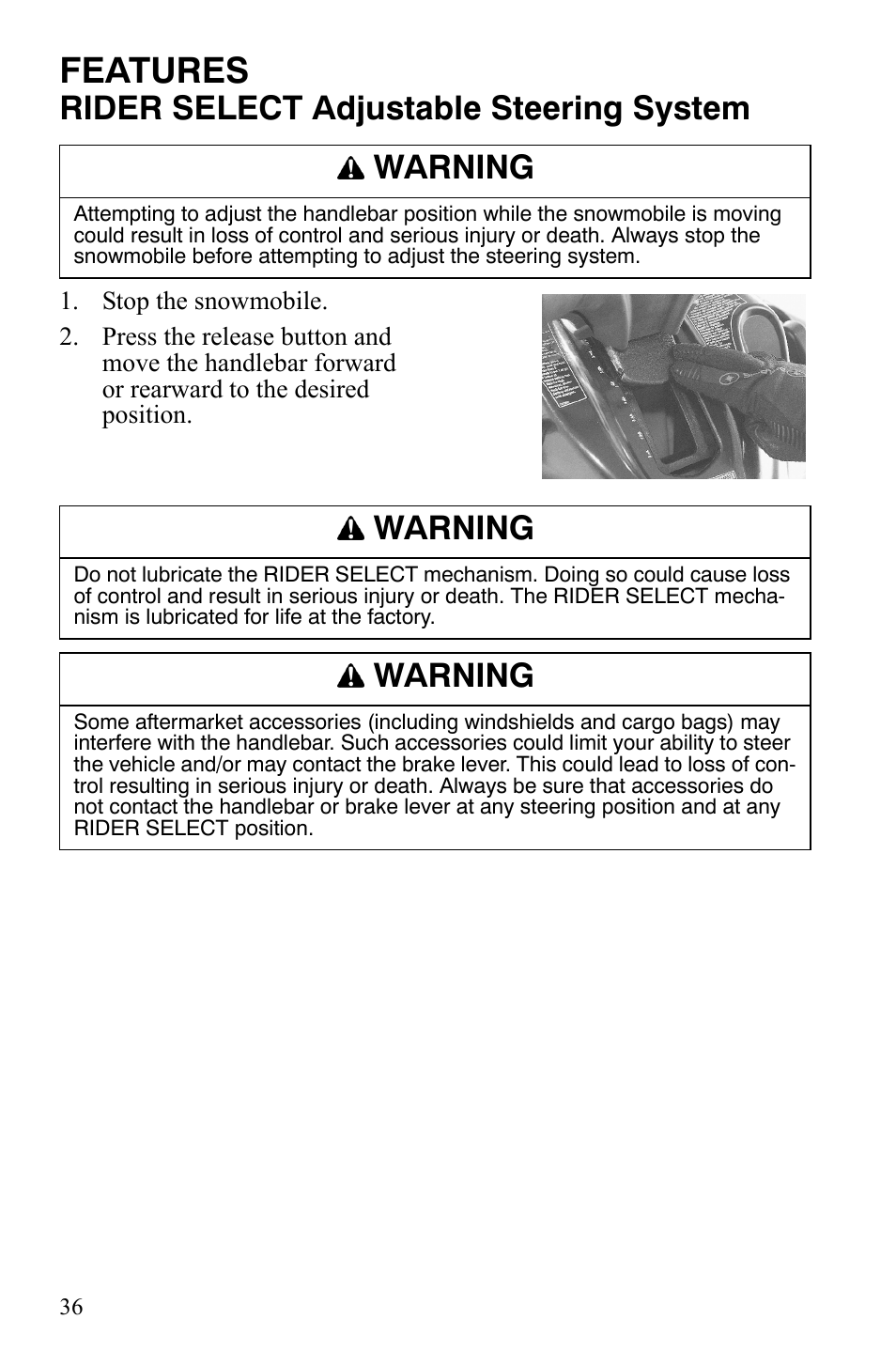 Features, Rider select adjustable steering system, Warning | Polaris FST IQ Touring User Manual | Page 39 / 179