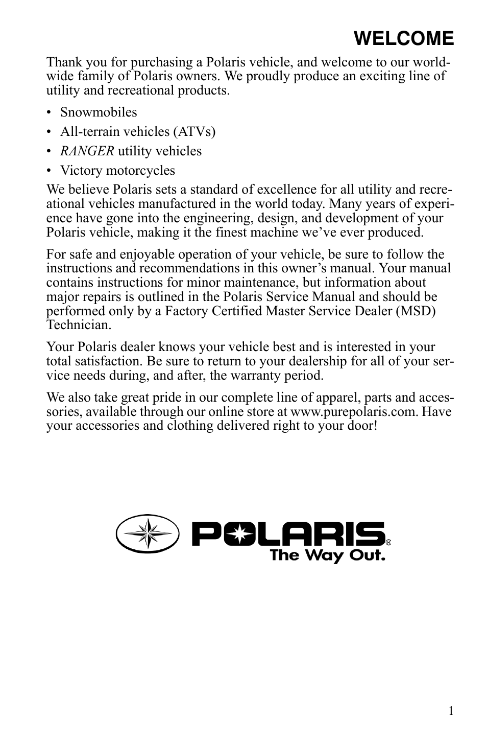 Welcome | Polaris FST IQ Touring User Manual | Page 4 / 179