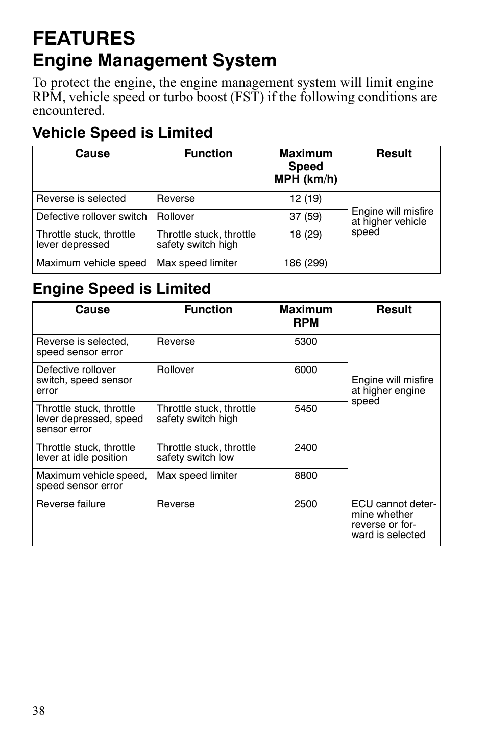 Features, Engine management system, Vehicle speed is limited engine speed is limited | Polaris FST IQ Touring User Manual | Page 41 / 179