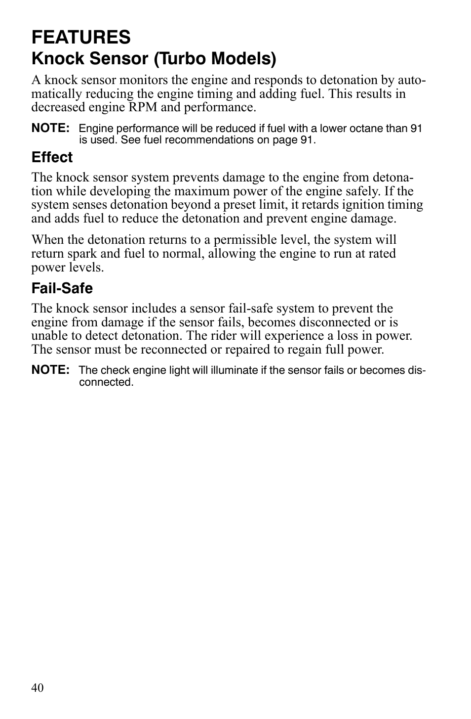 Features, Knock sensor (turbo models) | Polaris FST IQ Touring User Manual | Page 43 / 179