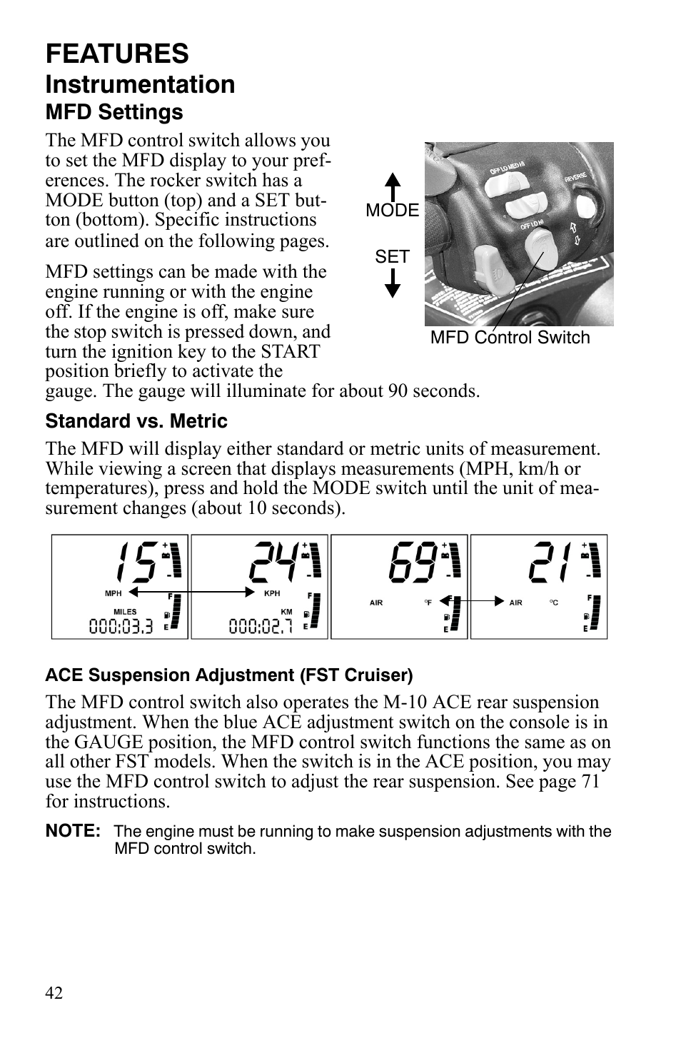 Features, Instrumentation | Polaris FST IQ Touring User Manual | Page 45 / 179