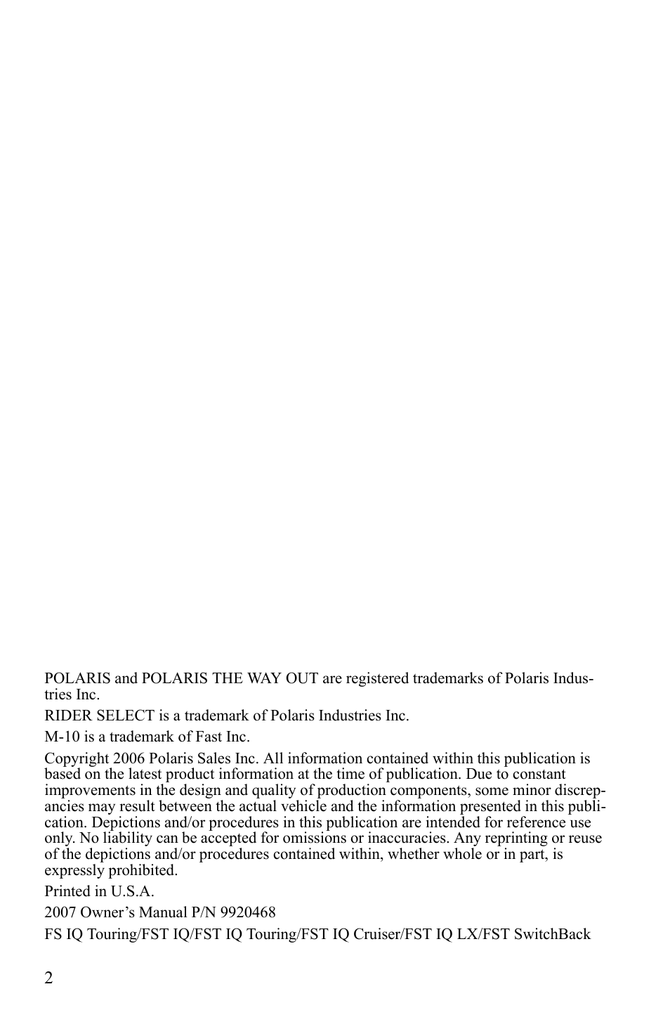 Polaris FST IQ Touring User Manual | Page 5 / 179