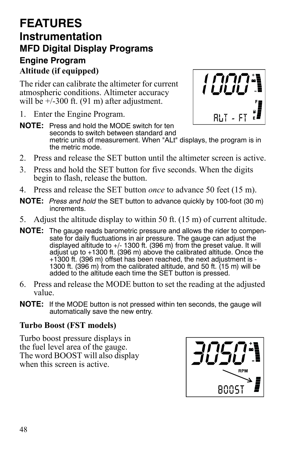 Features, Instrumentation, Mfd digital display programs | Polaris FST IQ Touring User Manual | Page 51 / 179