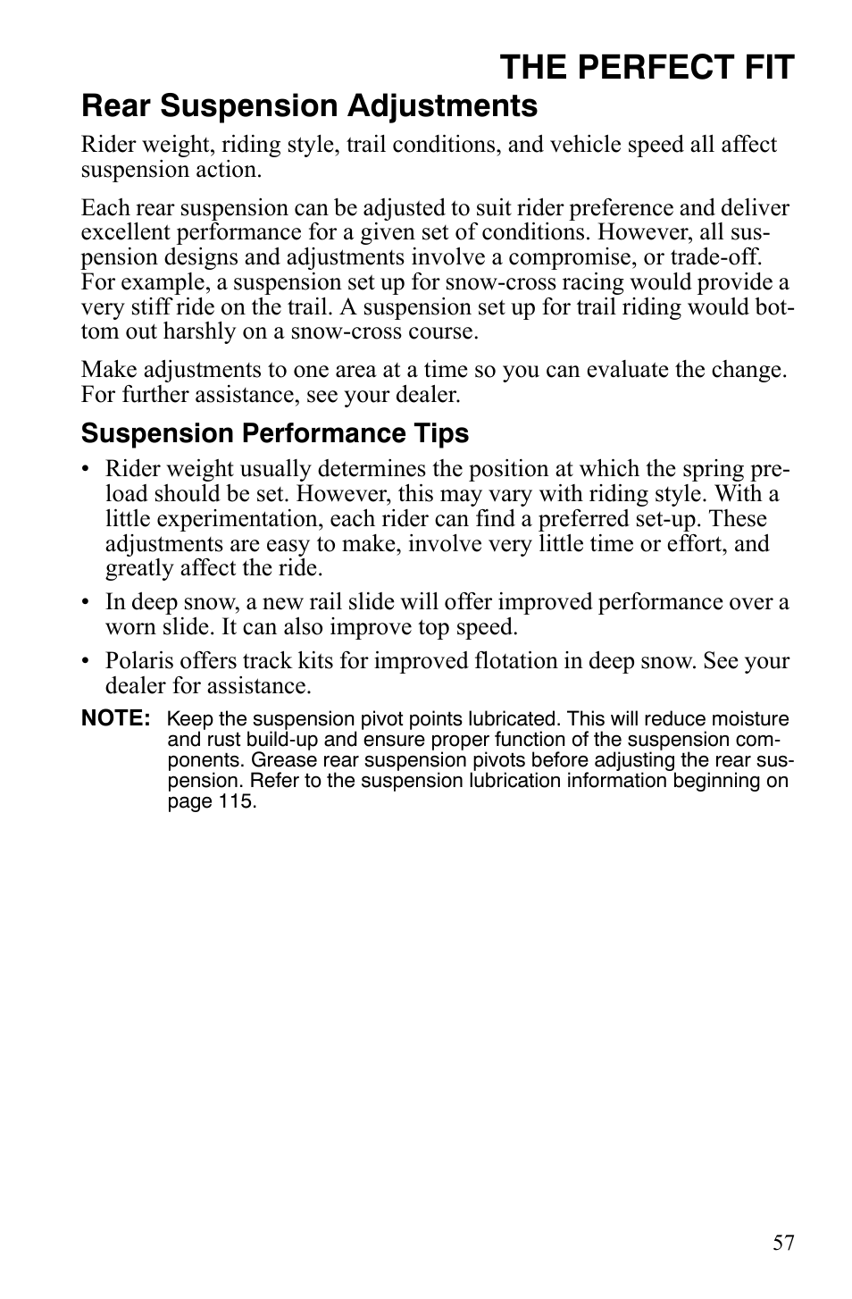 The perfect fit, Rear suspension adjustments | Polaris FST IQ Touring User Manual | Page 60 / 179