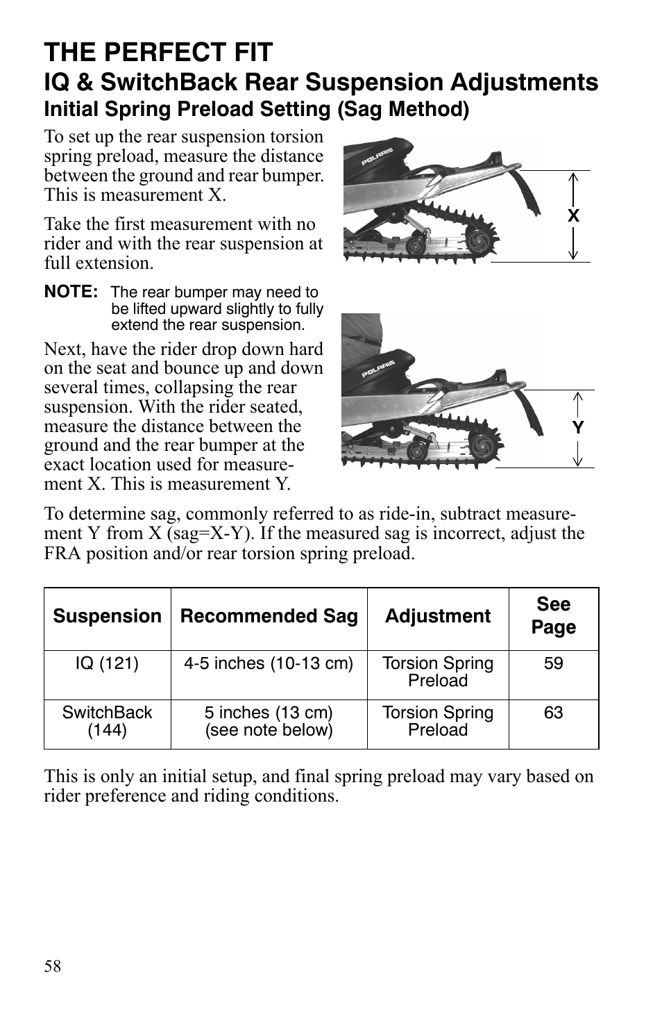 The perfect fit, Iq & switchback rear suspension adjustments, Initial spring preload setting (sag method) | Polaris FST IQ Touring User Manual | Page 61 / 179