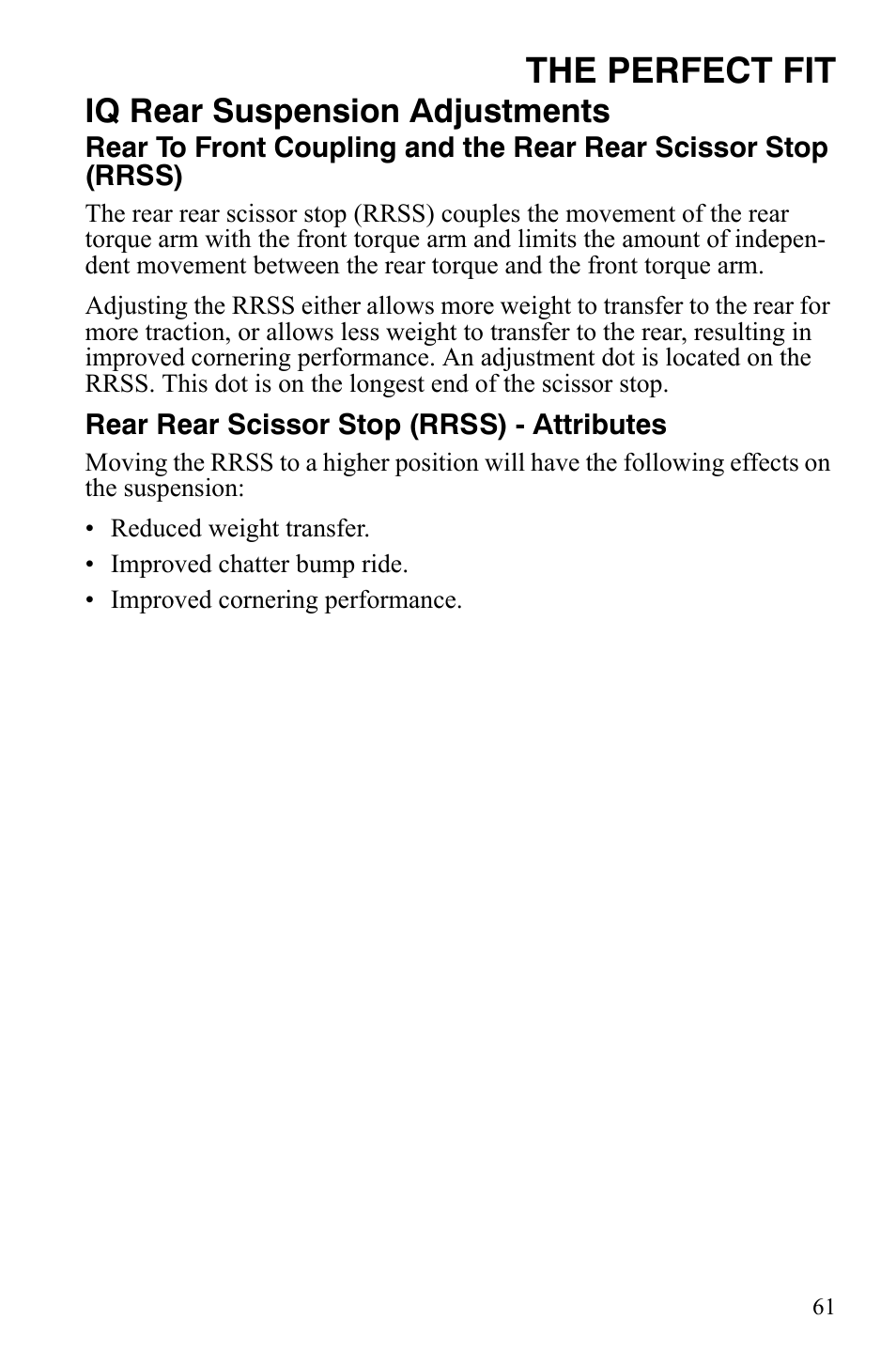 The perfect fit, Iq rear suspension adjustments | Polaris FST IQ Touring User Manual | Page 64 / 179