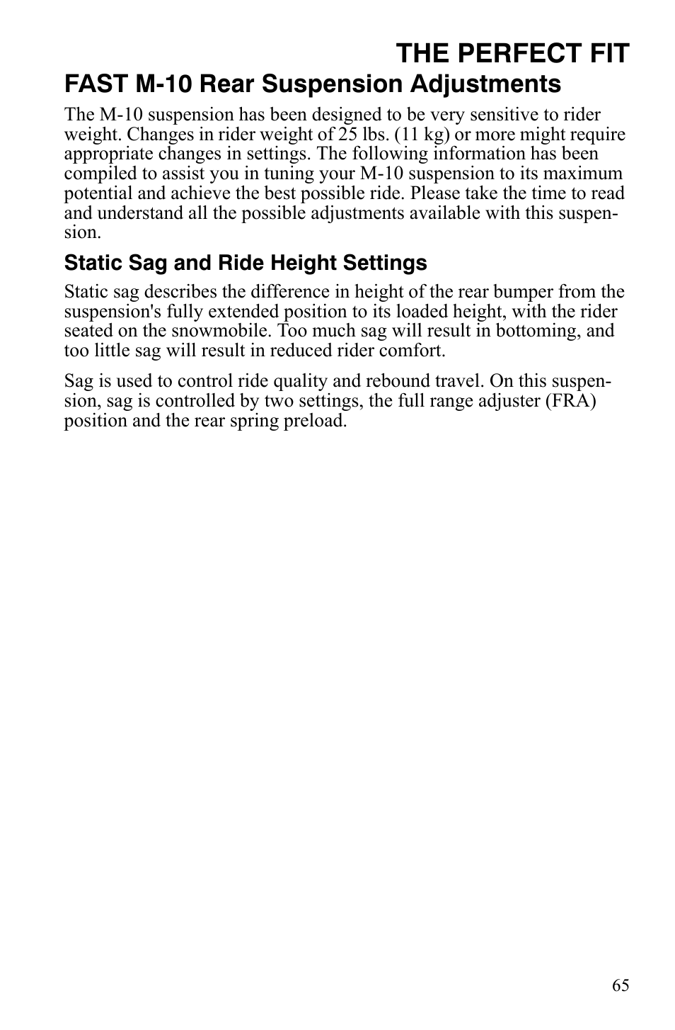 The perfect fit, Fast m-10 rear suspension adjustments | Polaris FST IQ Touring User Manual | Page 68 / 179