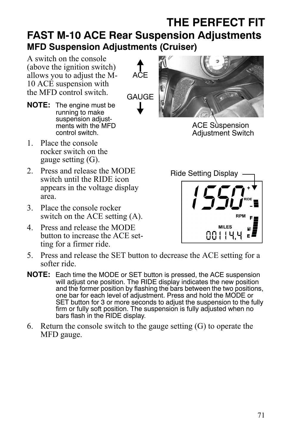 The perfect fit, Fast m-10 ace rear suspension adjustments, Mfd suspension adjustments (cruiser) | Polaris FST IQ Touring User Manual | Page 74 / 179