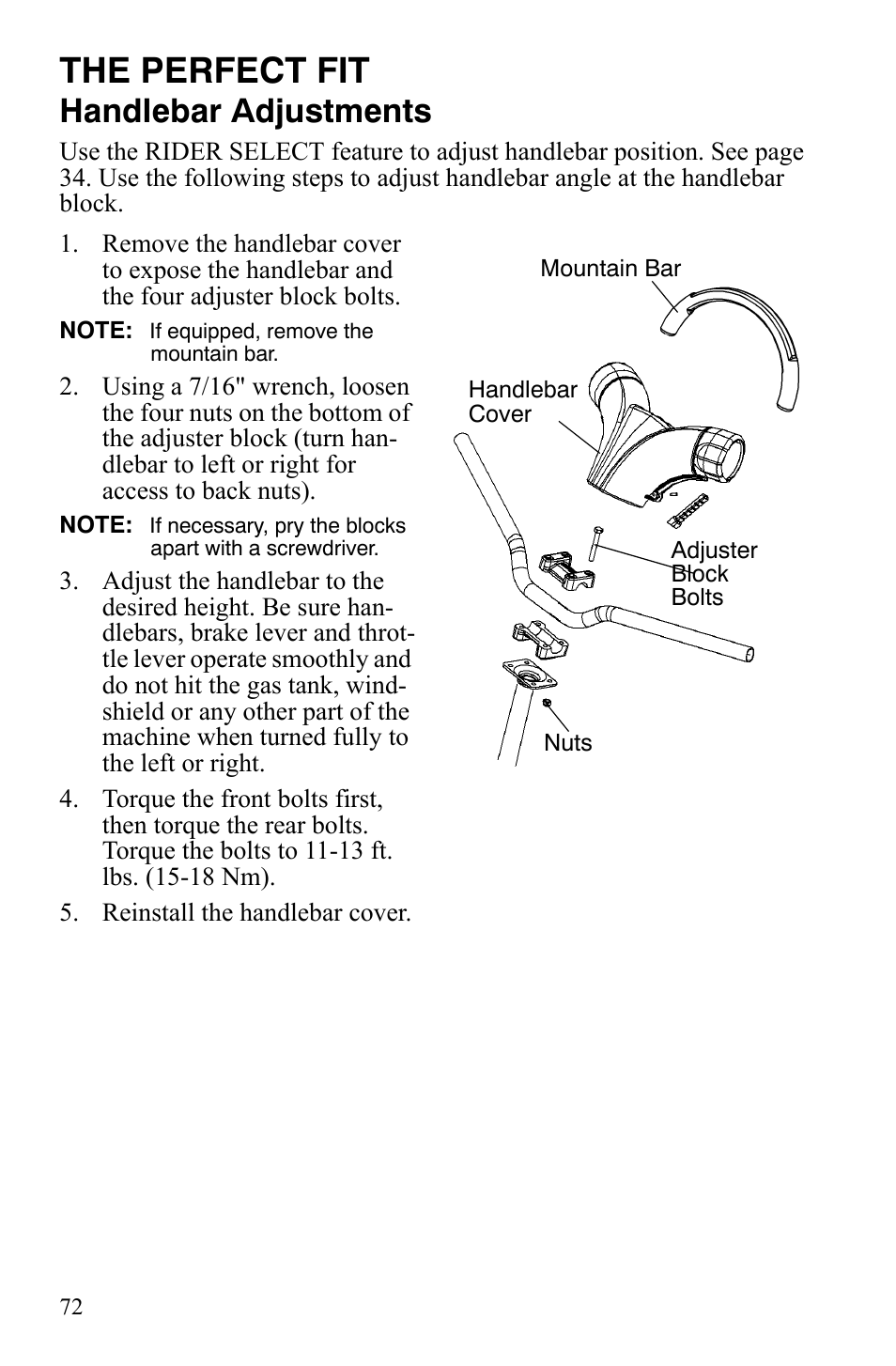 The perfect fit, Handlebar adjustments | Polaris FST IQ Touring User Manual | Page 75 / 179