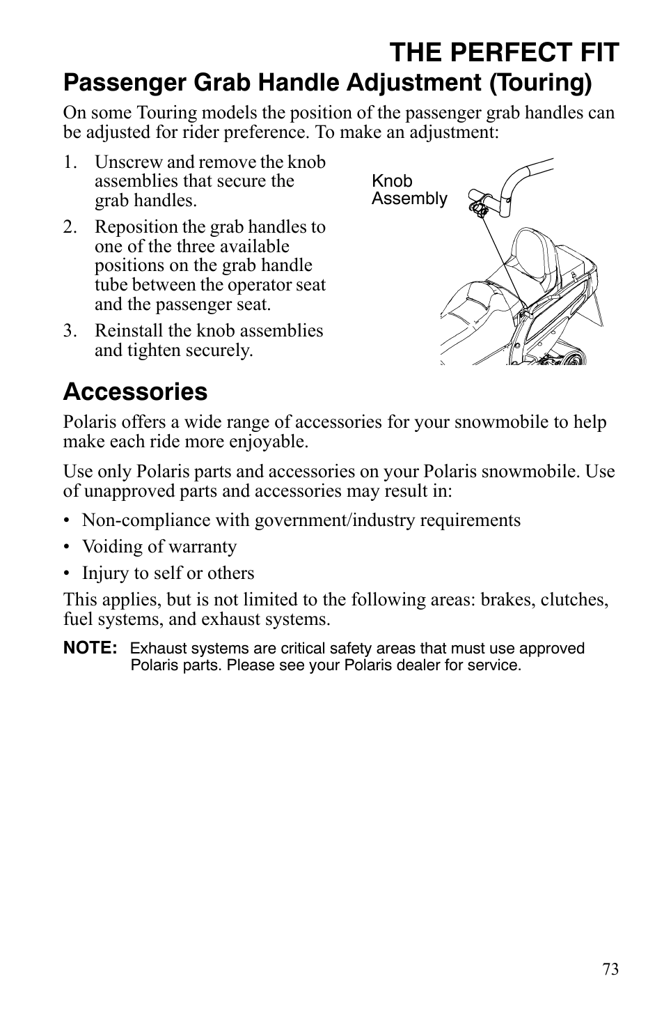 The perfect fit, Passenger grab handle adjustment (touring), Accessories | Polaris FST IQ Touring User Manual | Page 76 / 179