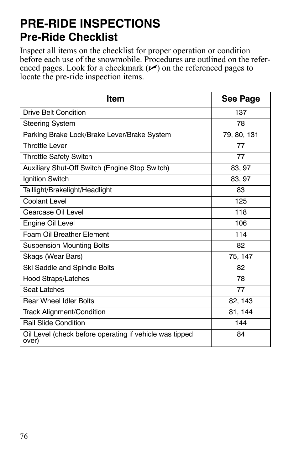 Pre-ride inspections, Pre-ride checklist | Polaris FST IQ Touring User Manual | Page 79 / 179