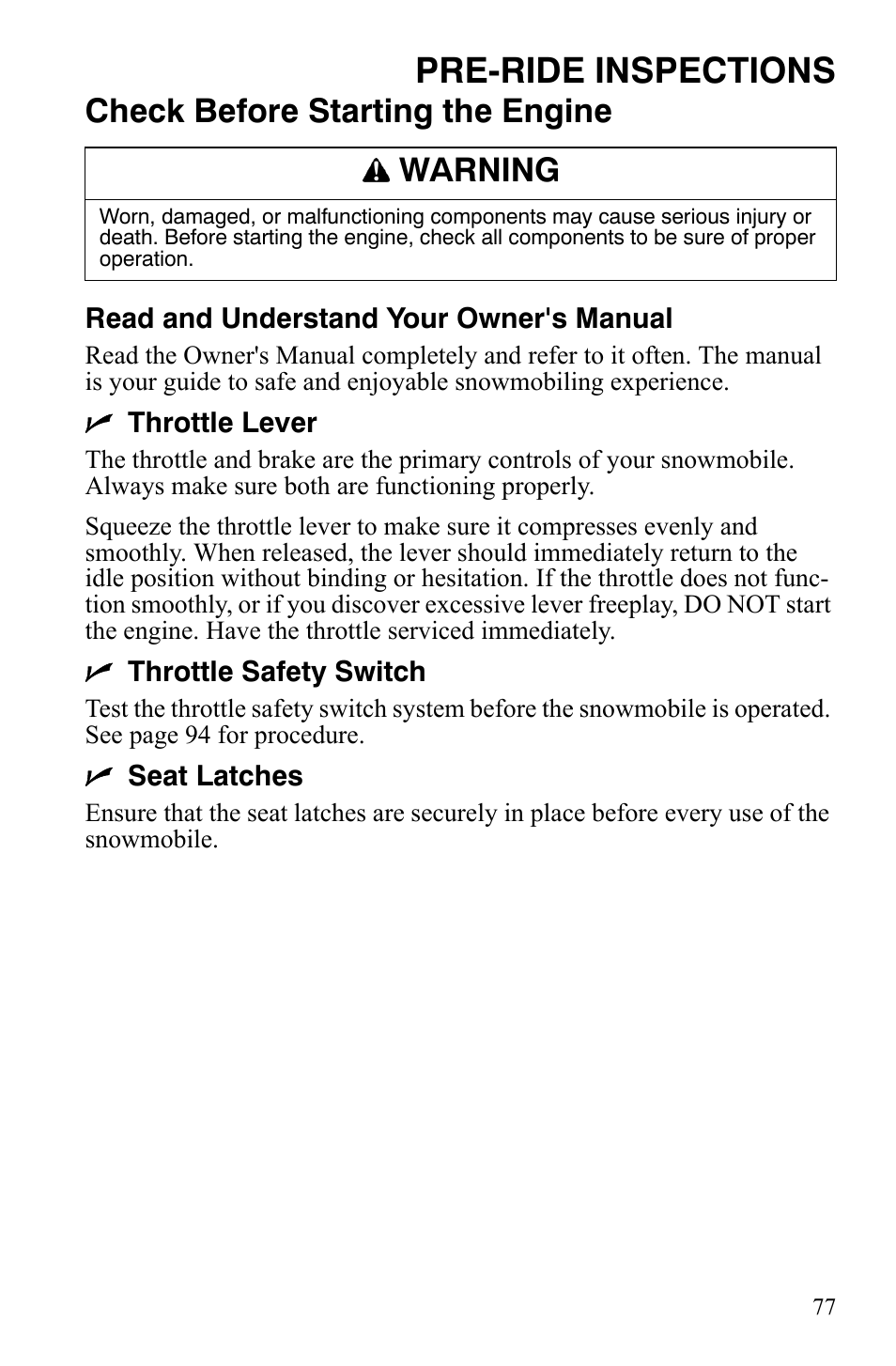 Pre-ride inspections, Check before starting the engine, Warning | Polaris FST IQ Touring User Manual | Page 80 / 179