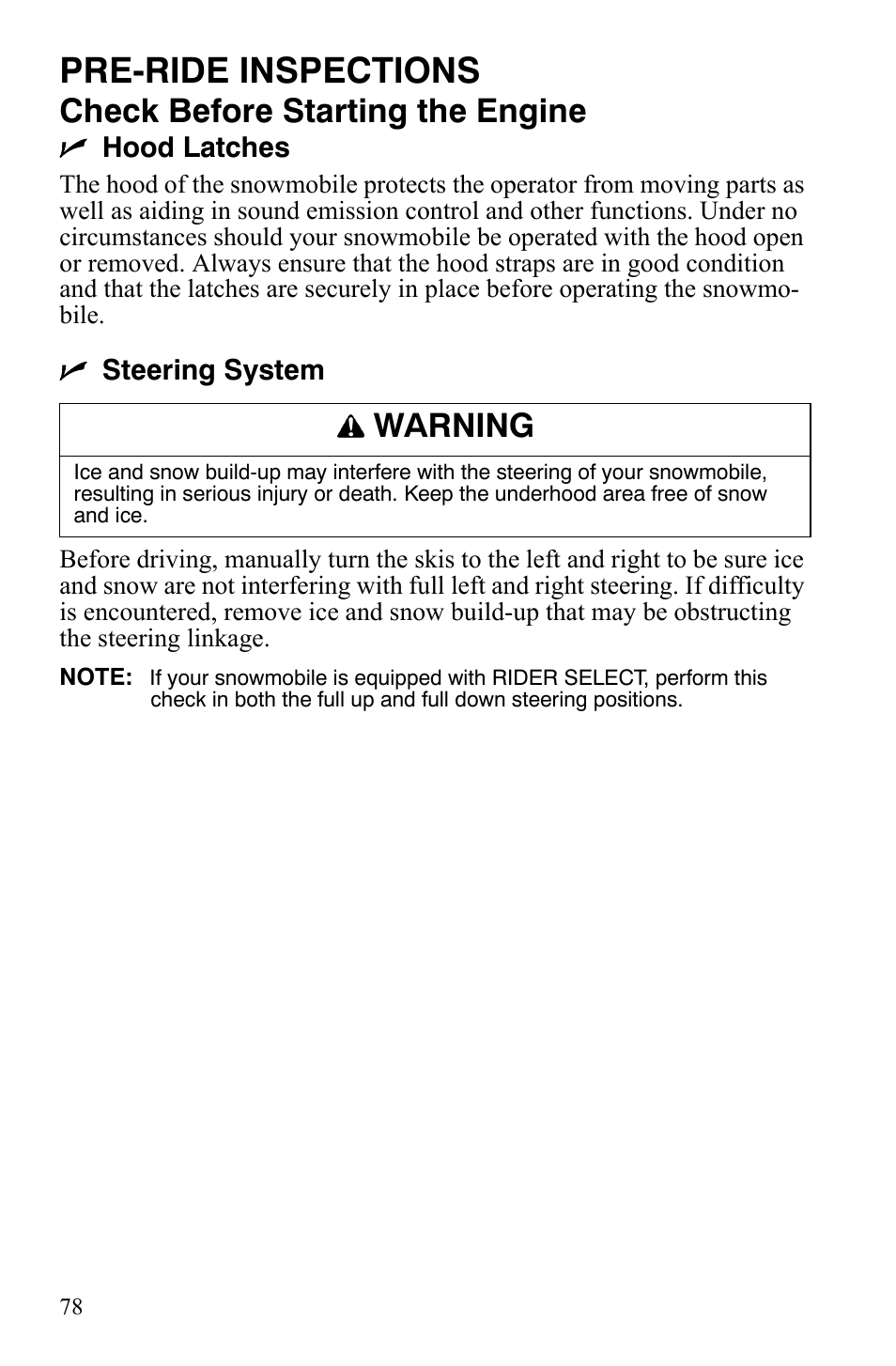 Pre-ride inspections, Check before starting the engine, Warning | Polaris FST IQ Touring User Manual | Page 81 / 179