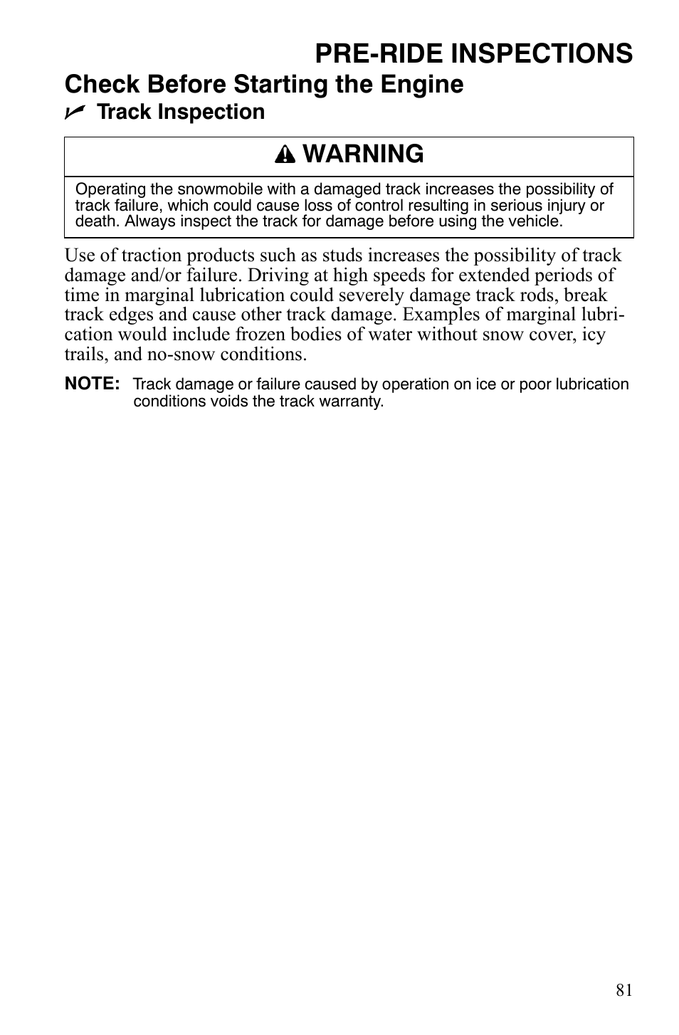 Pre-ride inspections, Check before starting the engine, Warning | Polaris FST IQ Touring User Manual | Page 84 / 179