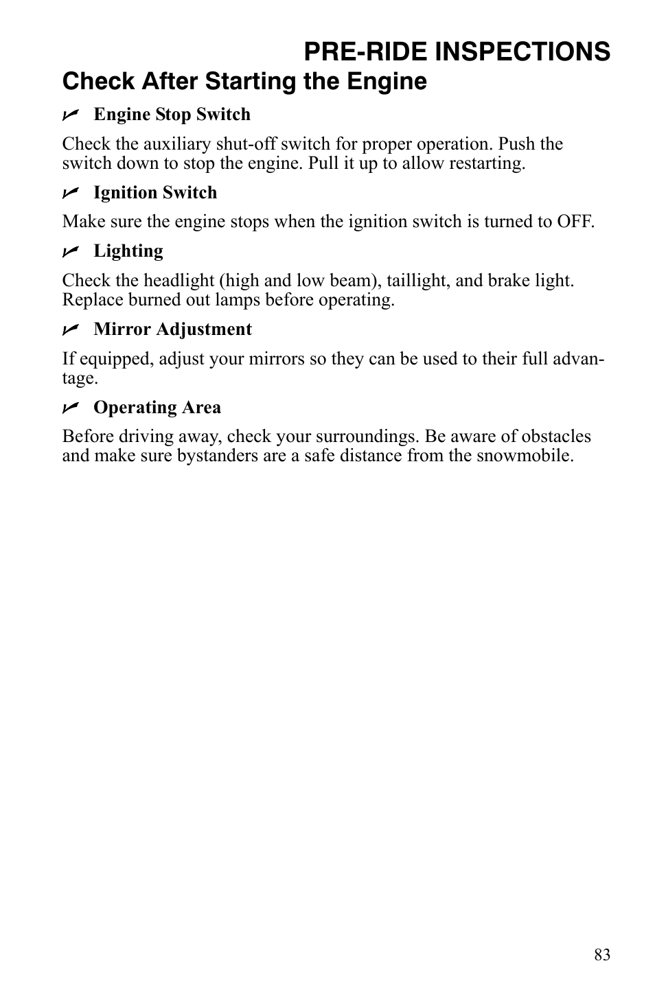Pre-ride inspections, Check after starting the engine | Polaris FST IQ Touring User Manual | Page 86 / 179