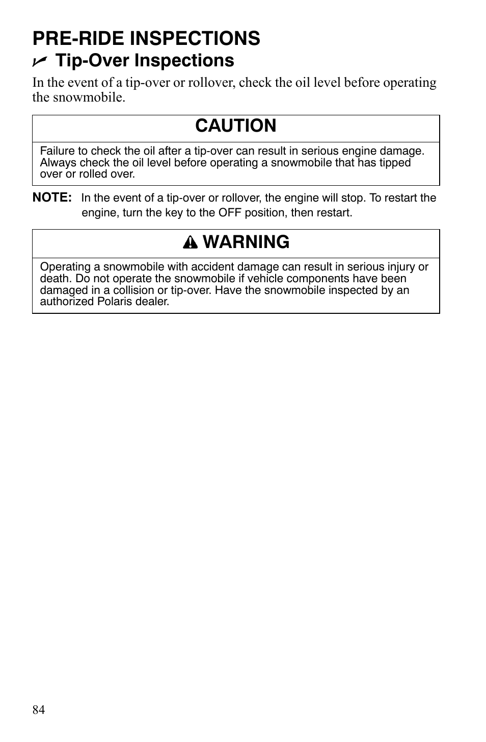 Pre-ride inspections, Tip-over inspections, Caution | Warning | Polaris FST IQ Touring User Manual | Page 87 / 179