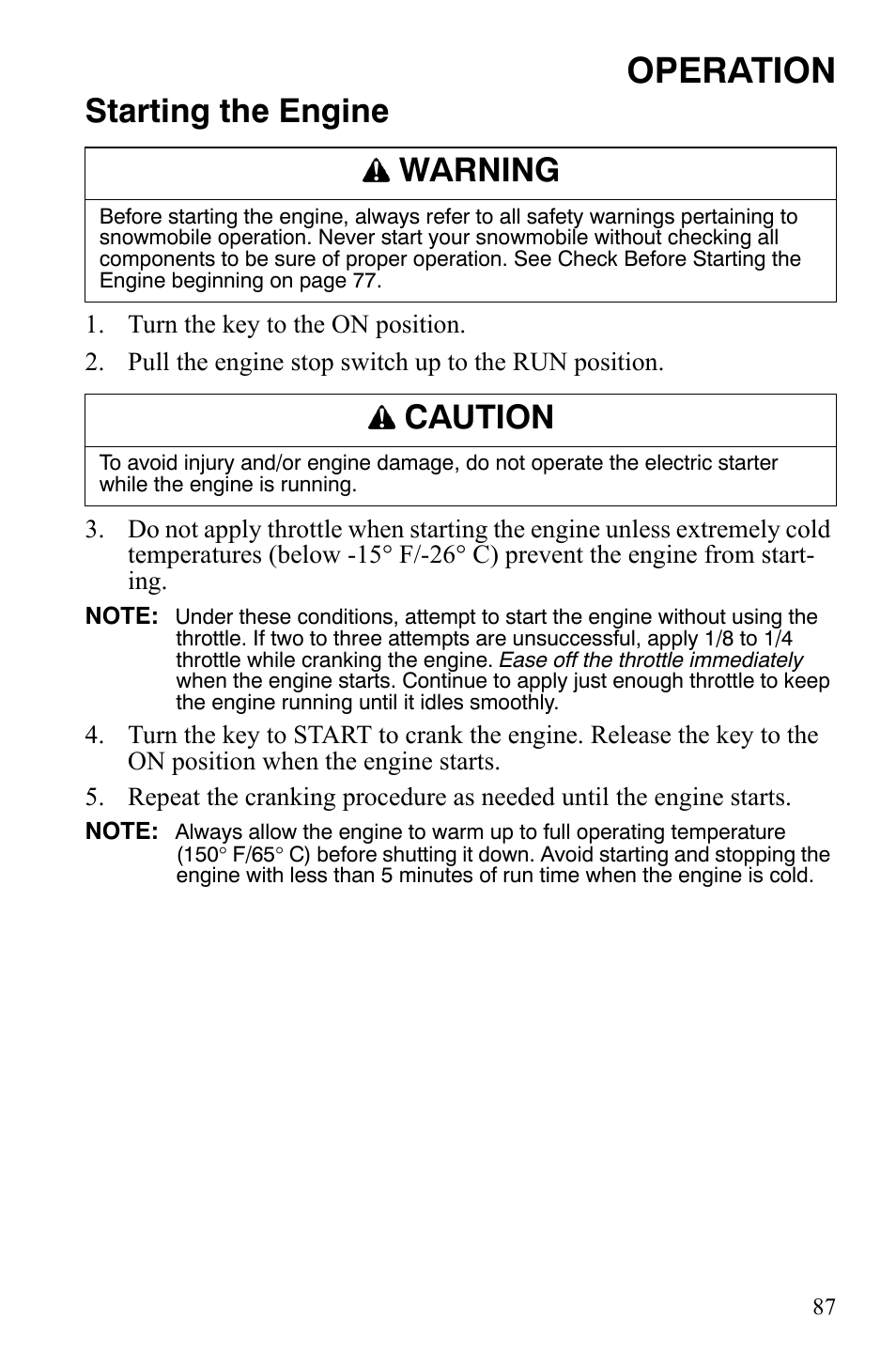 Operation, Starting the engine, Warning | Caution | Polaris FST IQ Touring User Manual | Page 90 / 179