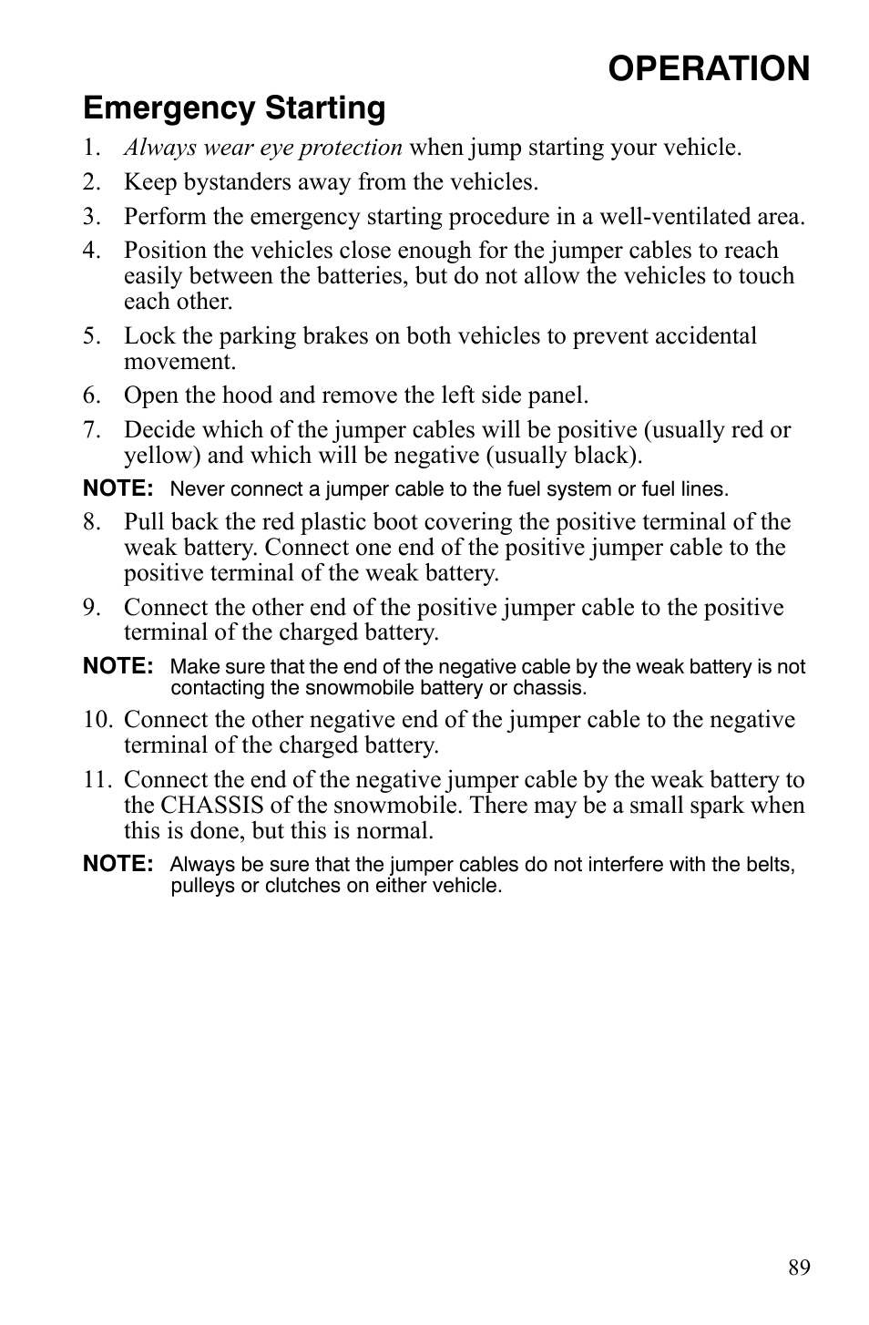 Operation, Emergency starting | Polaris FST IQ Touring User Manual | Page 92 / 179