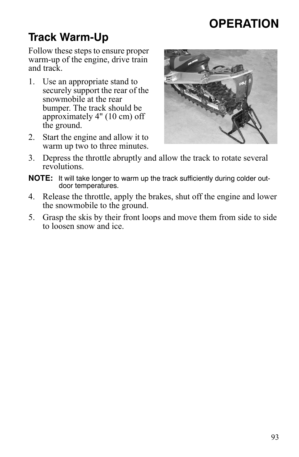 Operation, Track warm-up | Polaris FST IQ Touring User Manual | Page 96 / 179