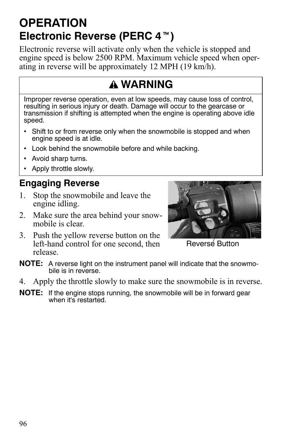 Operation, Electronic reverse (perc 4 t ), Warning | Engaging reverse | Polaris FST IQ Touring User Manual | Page 99 / 179