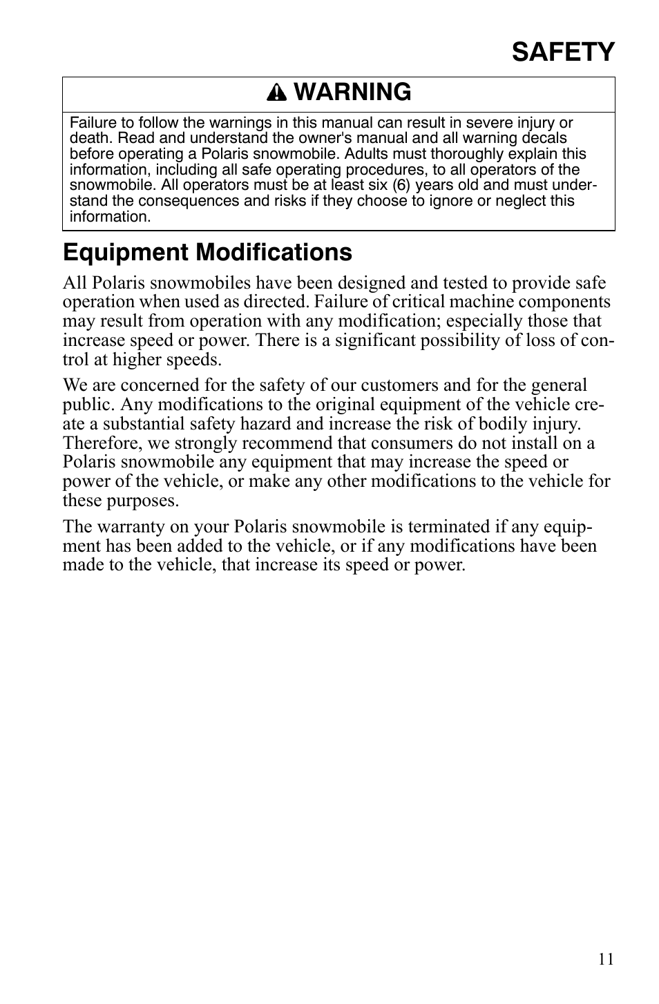 Safety, Equipment modifications, Warning | Polaris Xer User Manual | Page 14 / 100