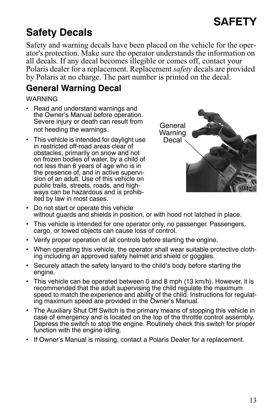 Safety, Safety decals, General warning decal | Polaris Xer User Manual | Page 16 / 100