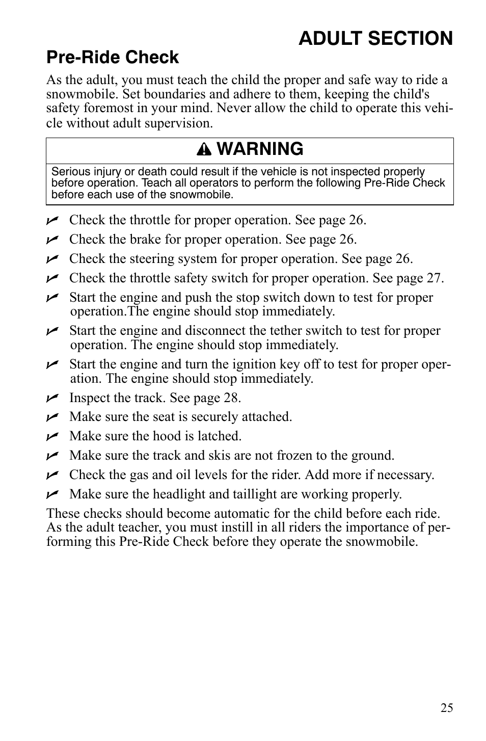 Pre-ride check, Warning | Polaris Xer User Manual | Page 28 / 100