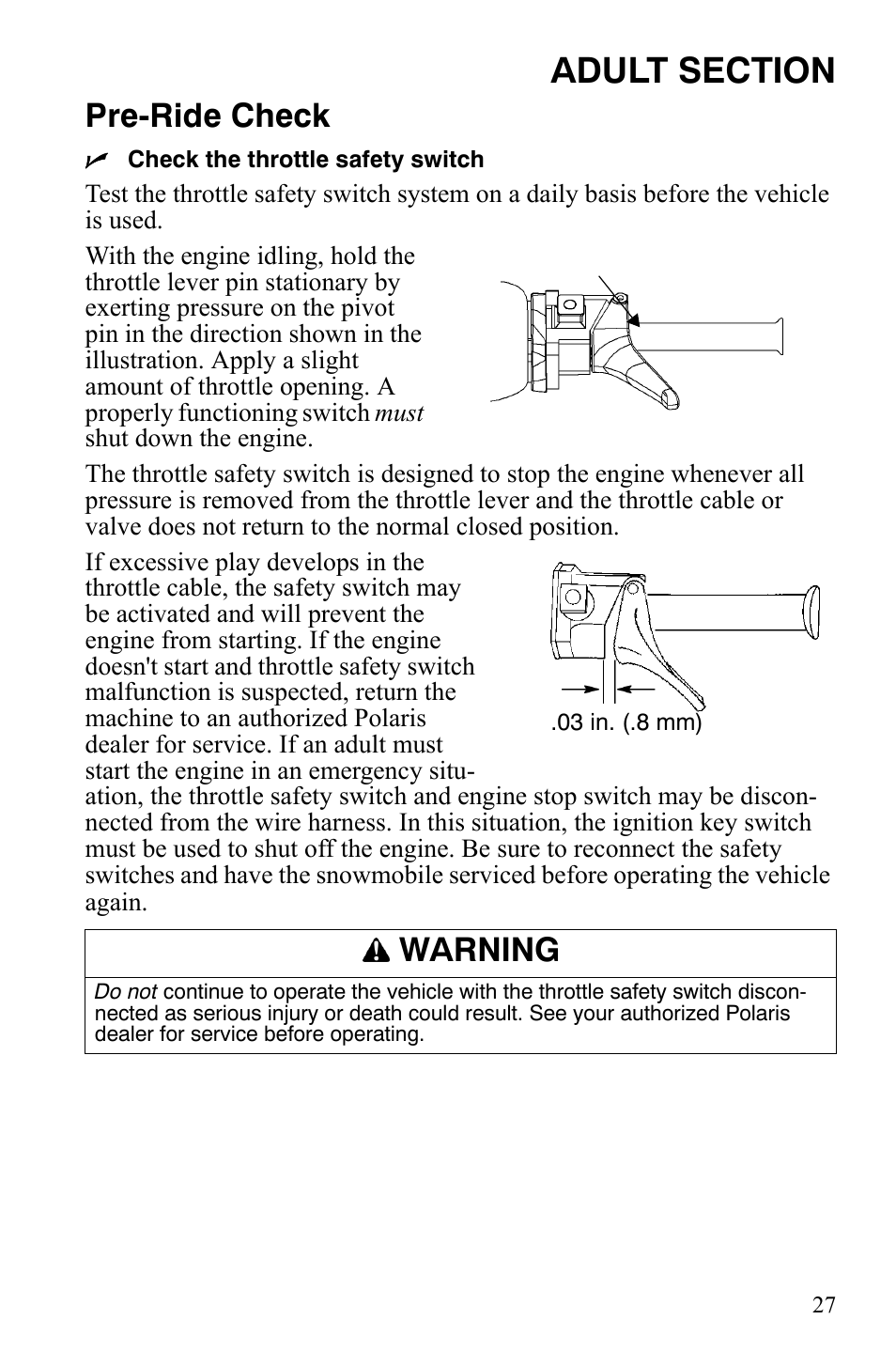 Pre-ride check, Warning | Polaris Xer User Manual | Page 30 / 100