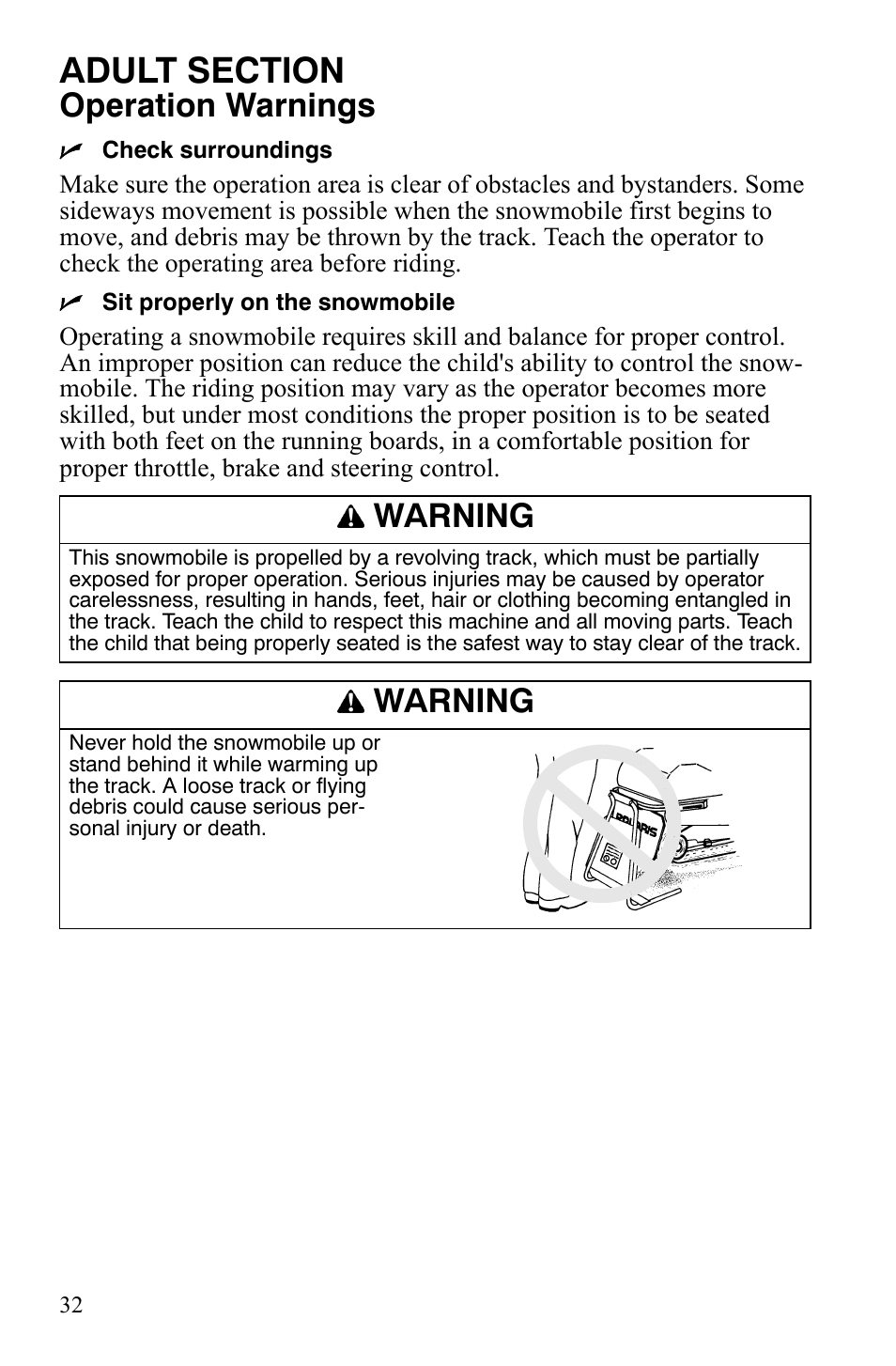 Operation warnings, Warning | Polaris Xer User Manual | Page 35 / 100