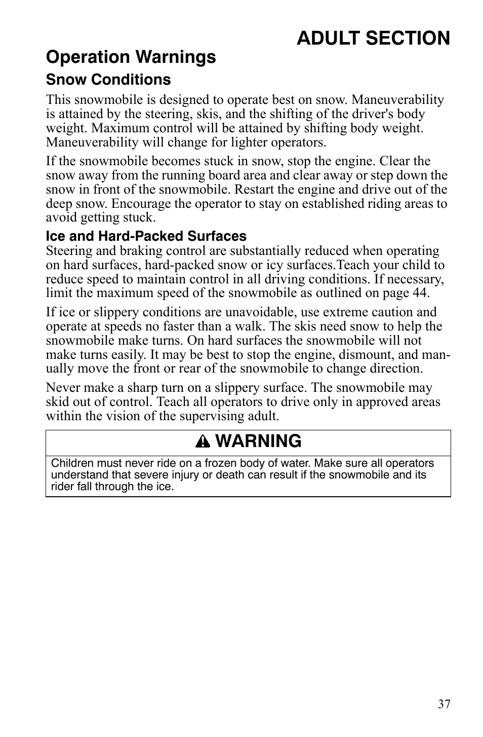 Operation warnings, Warning | Polaris Xer User Manual | Page 40 / 100