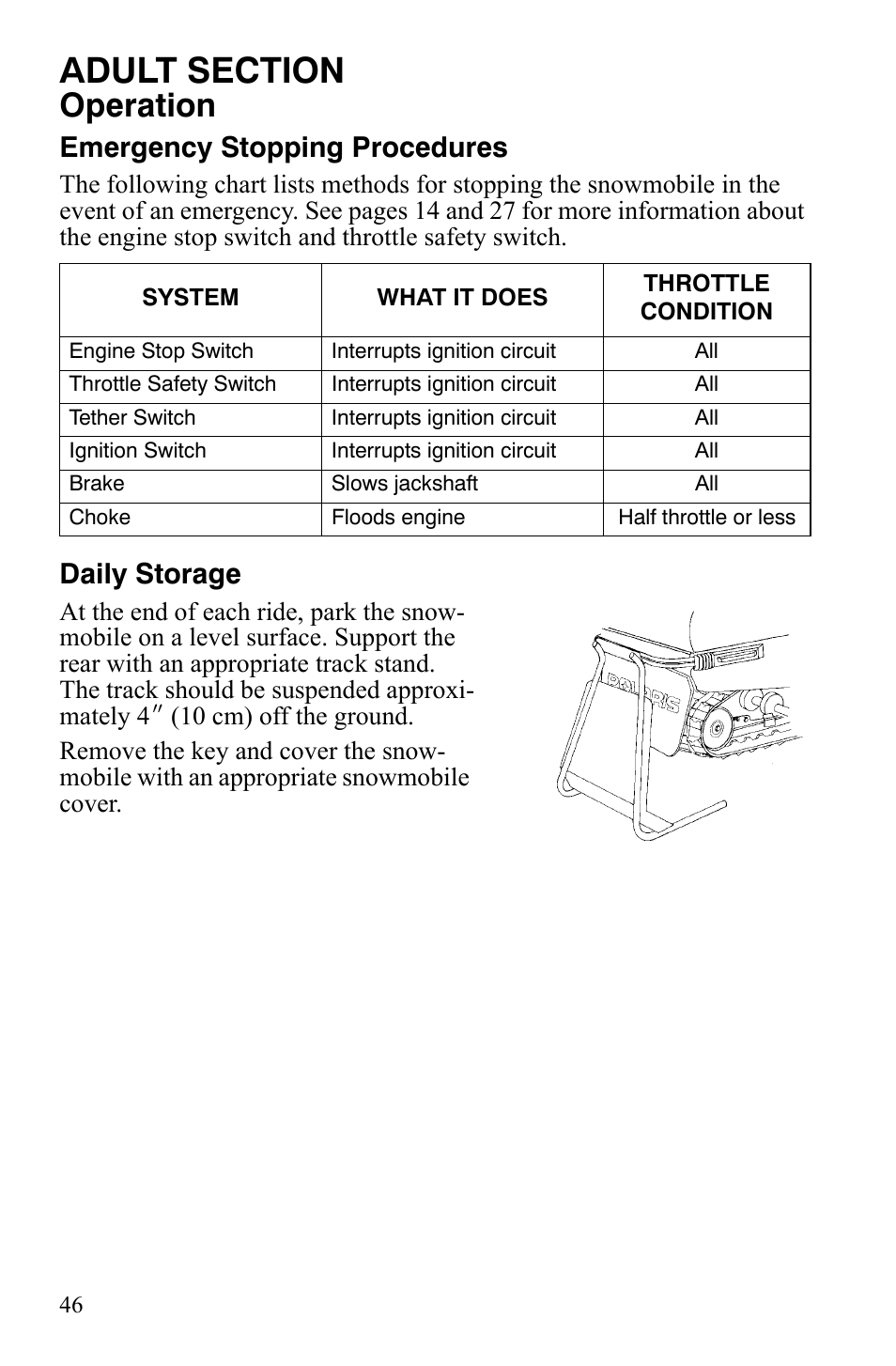 Operation, Emergency stopping procedures, Daily storage | Polaris Xer User Manual | Page 49 / 100