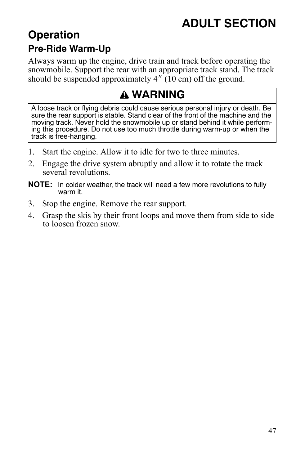 Operation, Warning, Pre-ride warm-up | Polaris Xer User Manual | Page 50 / 100