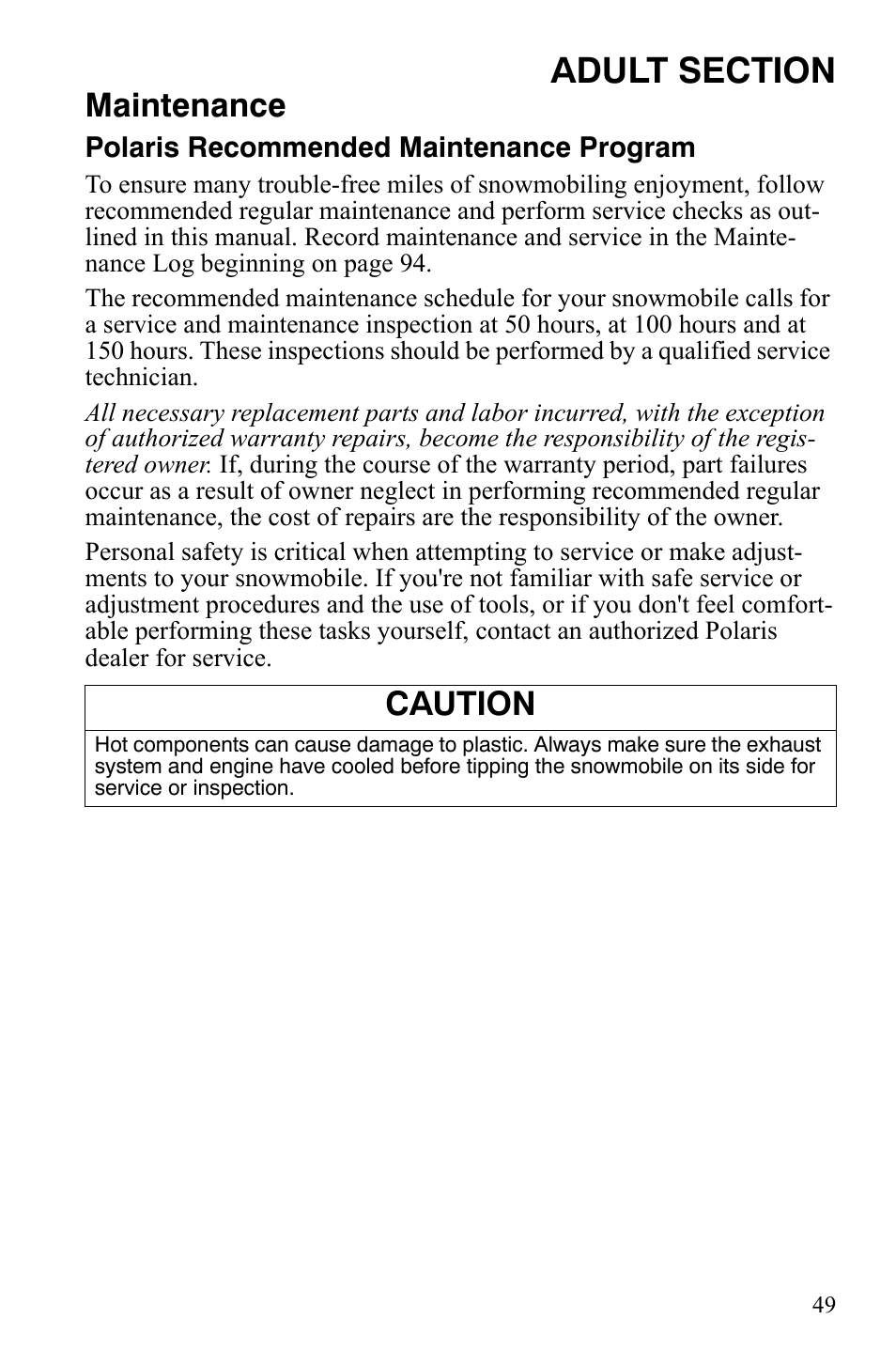 Maintenance, Caution | Polaris Xer User Manual | Page 52 / 100