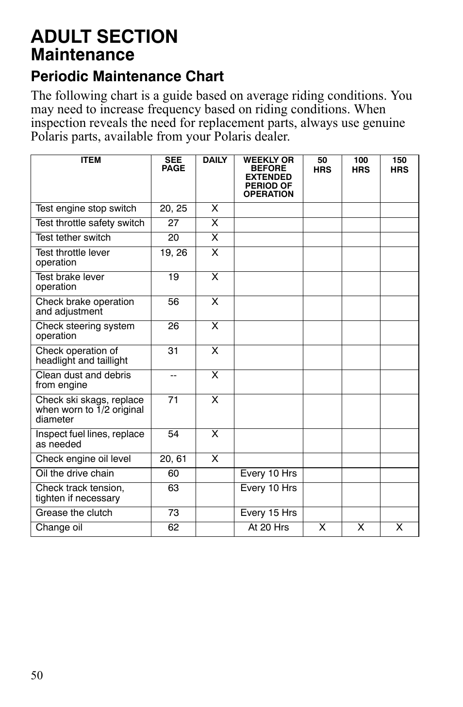 Maintenance, Periodic maintenance chart | Polaris Xer User Manual | Page 53 / 100