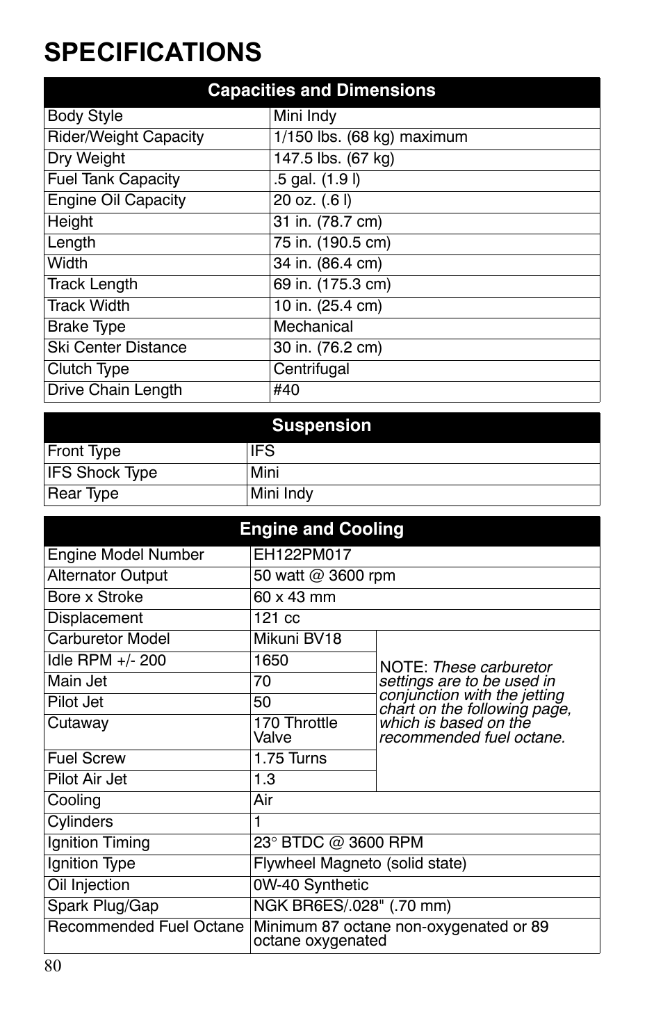 Specifications | Polaris Xer User Manual | Page 83 / 100